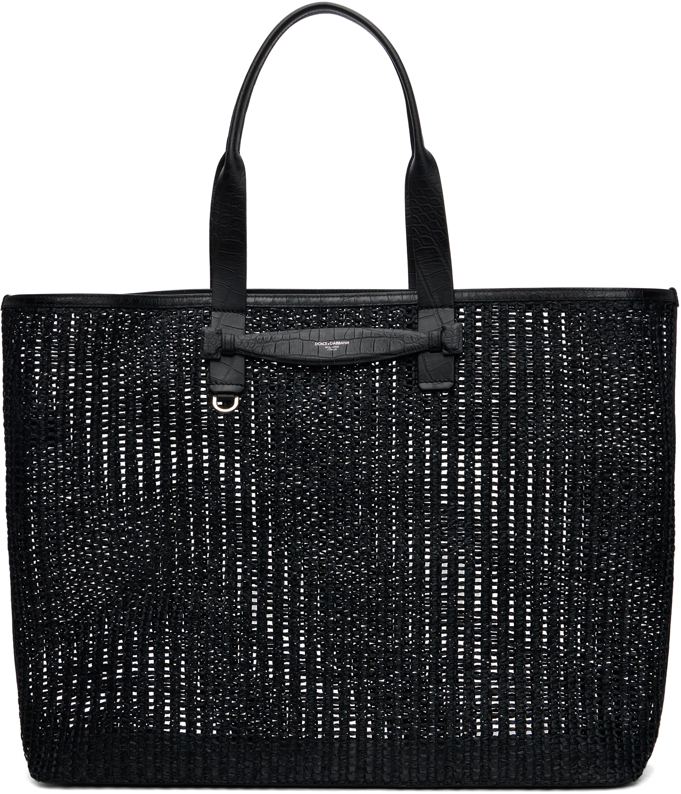 Black Woven Mesh & Calfskin Shopper Tote