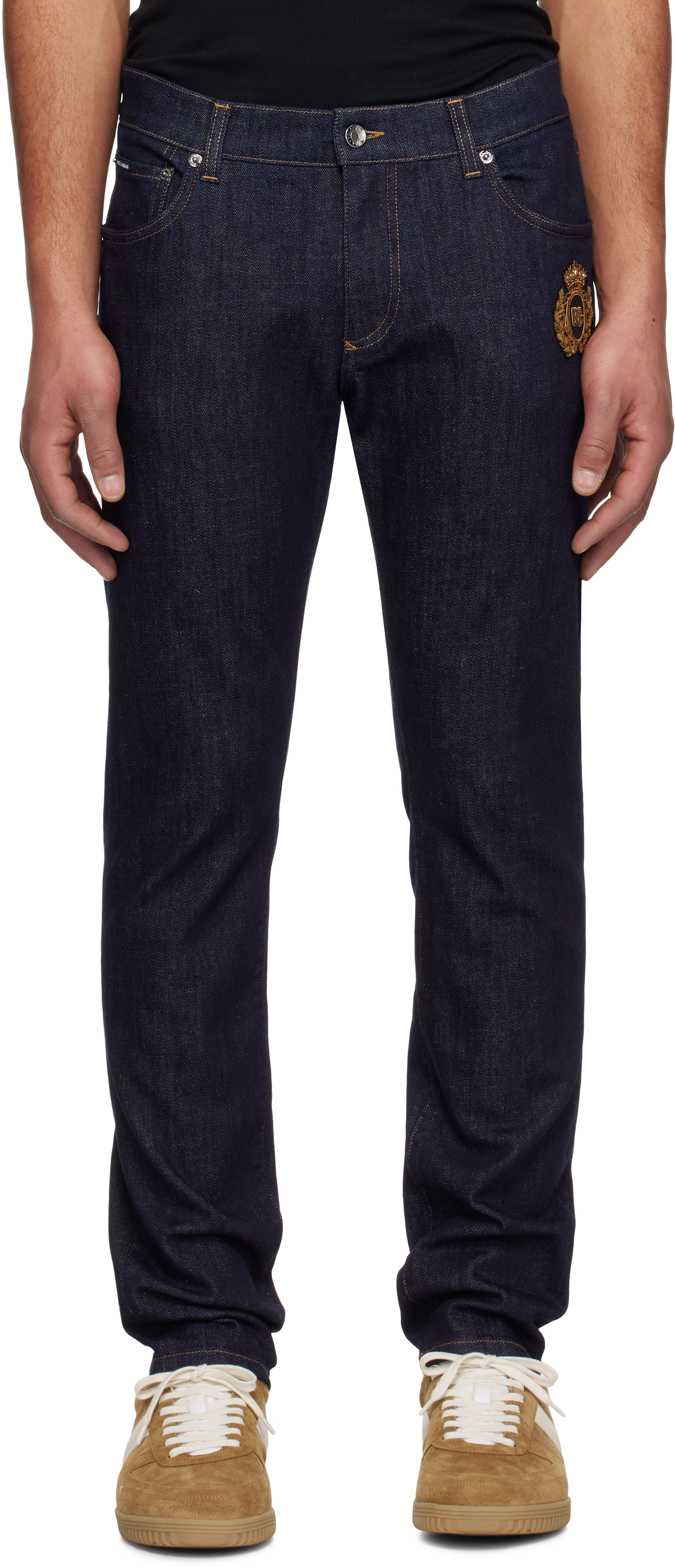 Navy Slim-Fit Stretch Cotton Patch Jeans