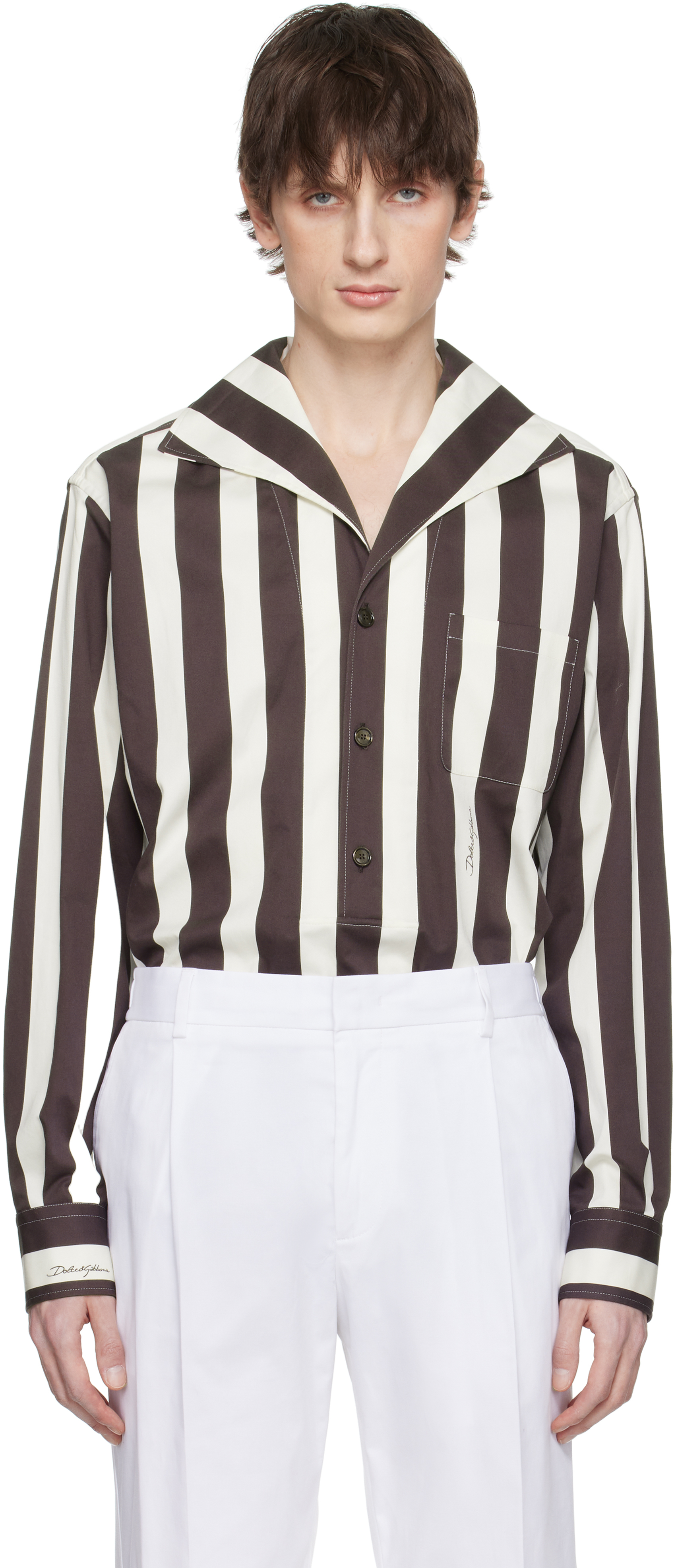 大人気定番商品 Brown & White Three-Button Long-Sleeved Shirt by トップス