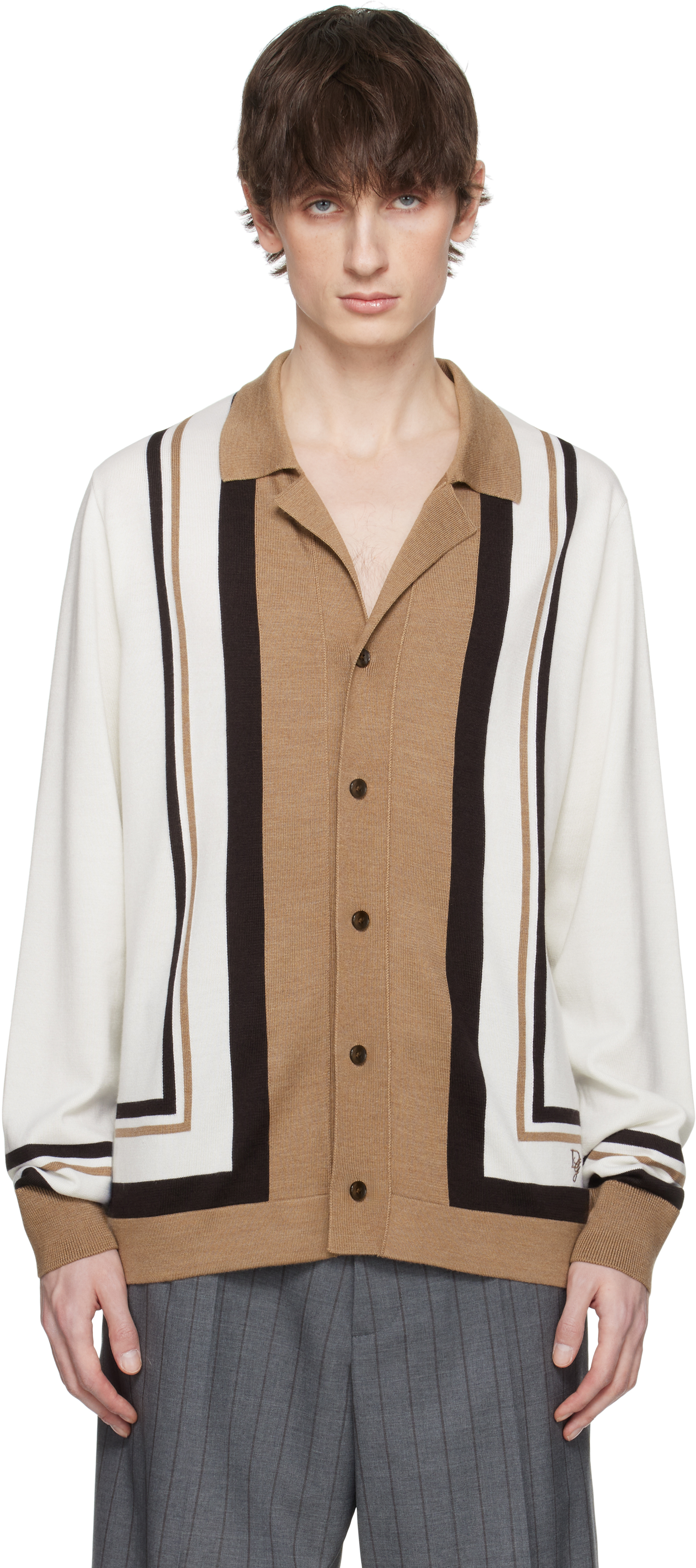 Dolce & Gabbana Logo Embroidery Cardigan Sweaters And Cardigans In Latte/marrone/beige