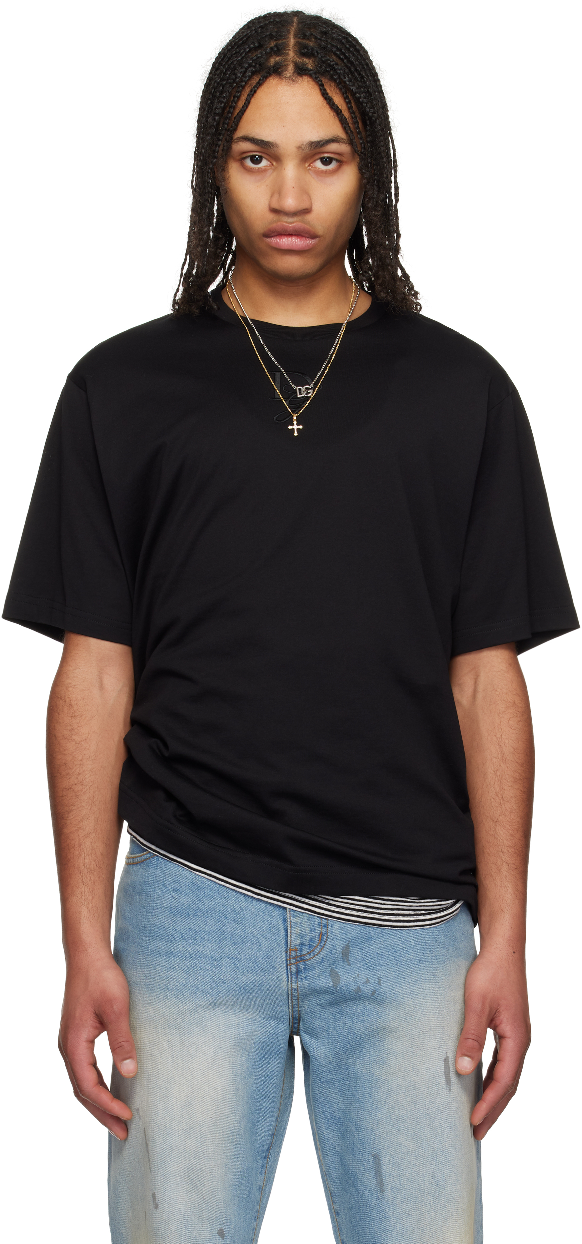 【関税込み】Dolce&Gabbana ブラック ロゴ刺繍 コットン Tシャツ Cotton T-shirt with logo embroidery in Black for Men