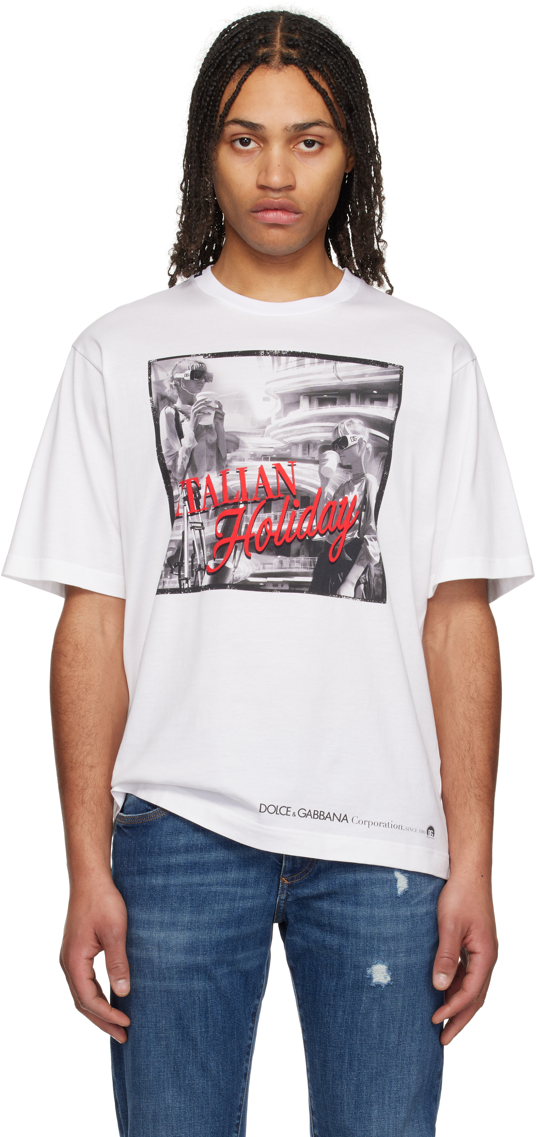 White 'Italian Holiday' Print Cotton T-shirt