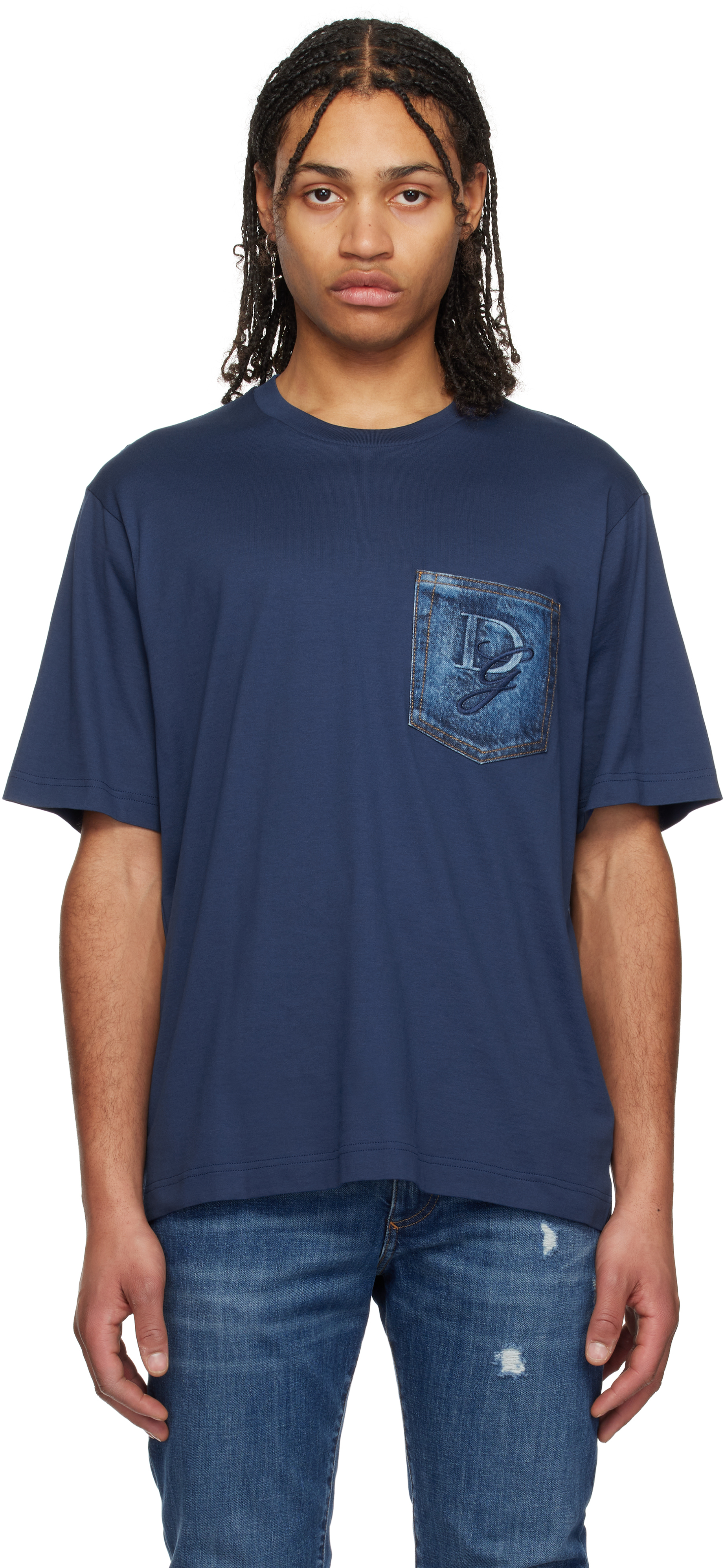 【送料&関税込】Dolce & Gabbana Embroidery Pocket T-shir Navy Breast Pocket & Logo Embroidery Cotton T-shirt by
