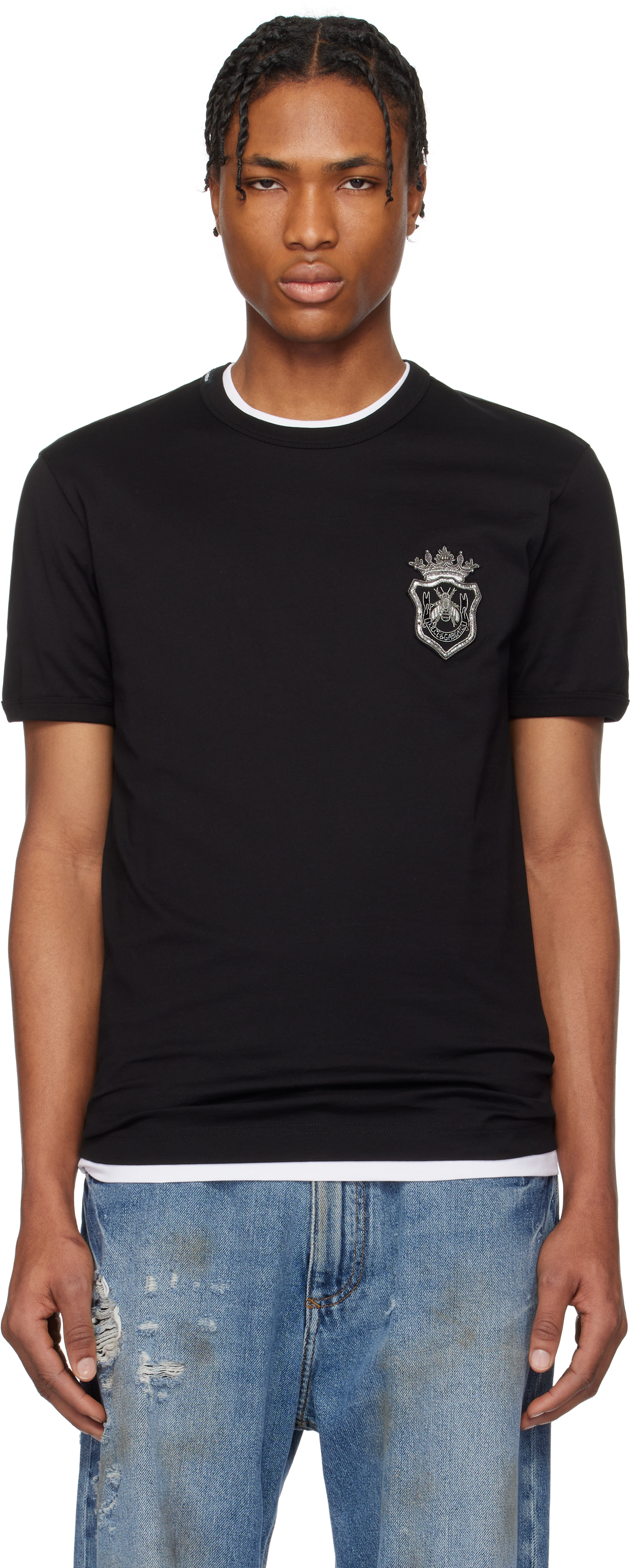 Black Cotton Heraldic Patch T-shirt by Dolce&Gabbana on Sale