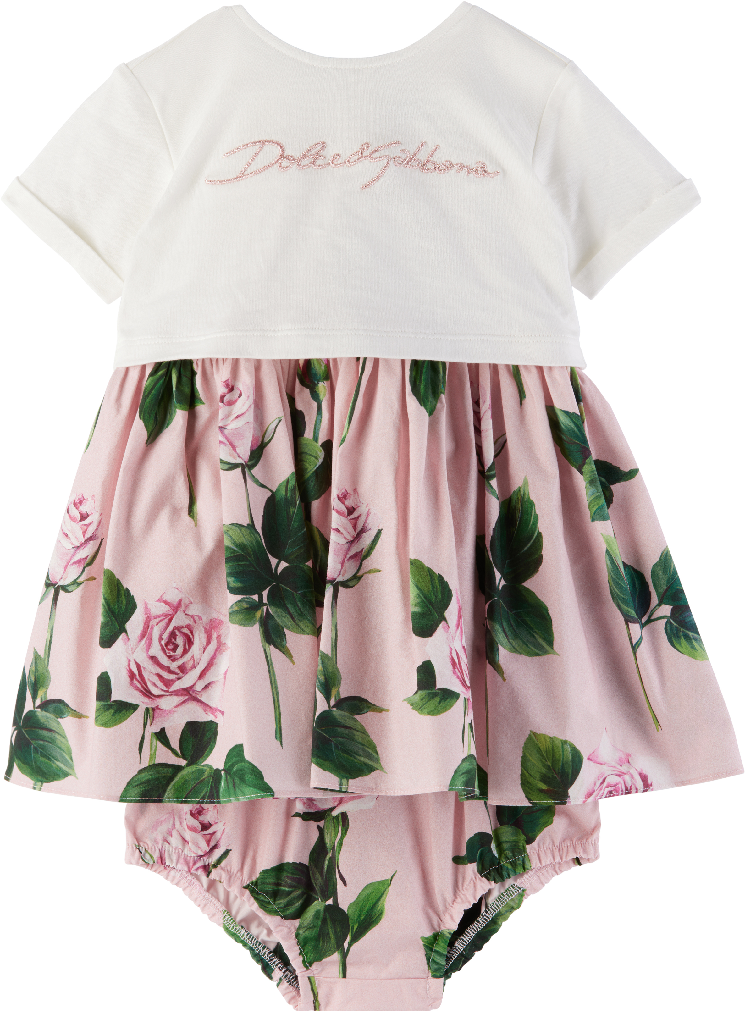 Dolce & Gabbana Baby Pink Rose-print Poplin Jersey Dress & Bloomers Set In S9000 Variante Abbin