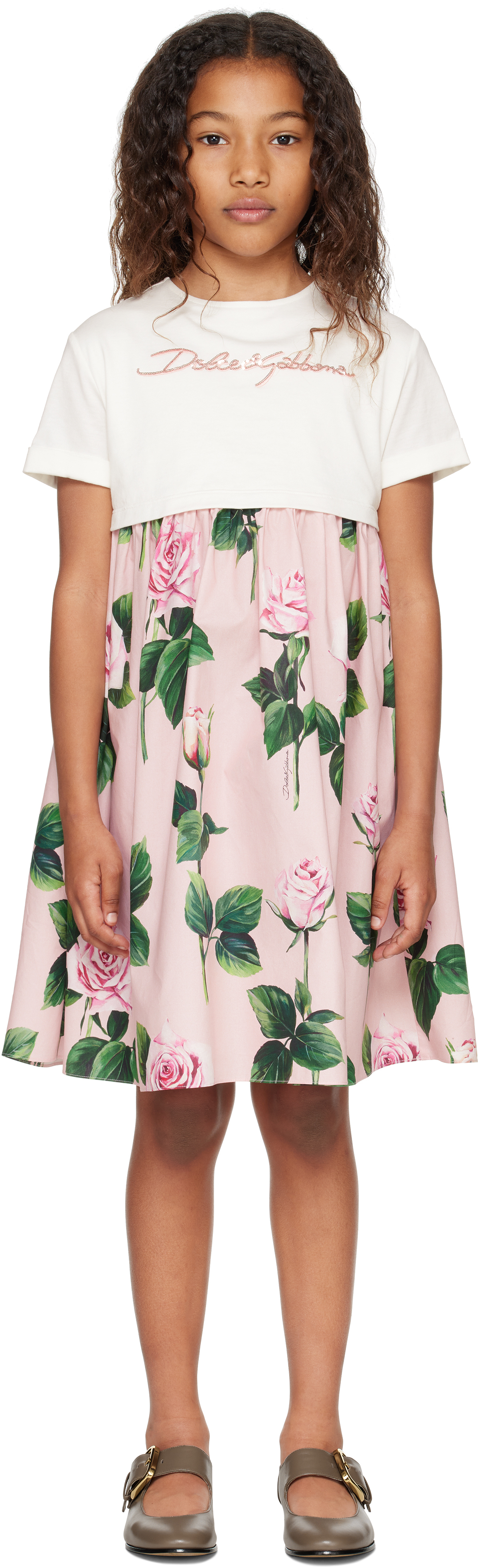 Kids Pink Rose-Print Poplin & Jersey Dress by Dolce&Gabbana on Sale