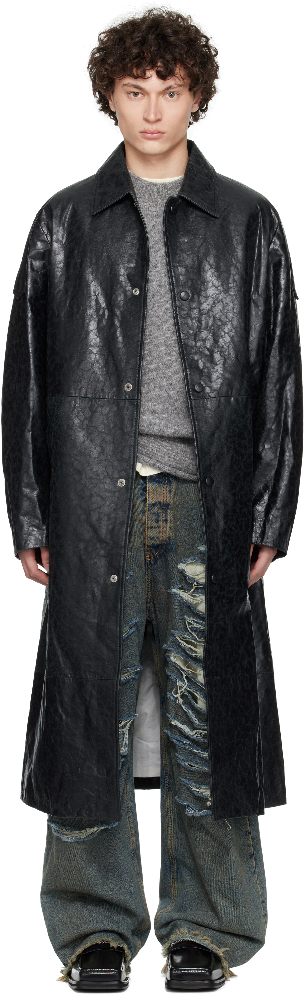 Black Light Trench Leather Coat