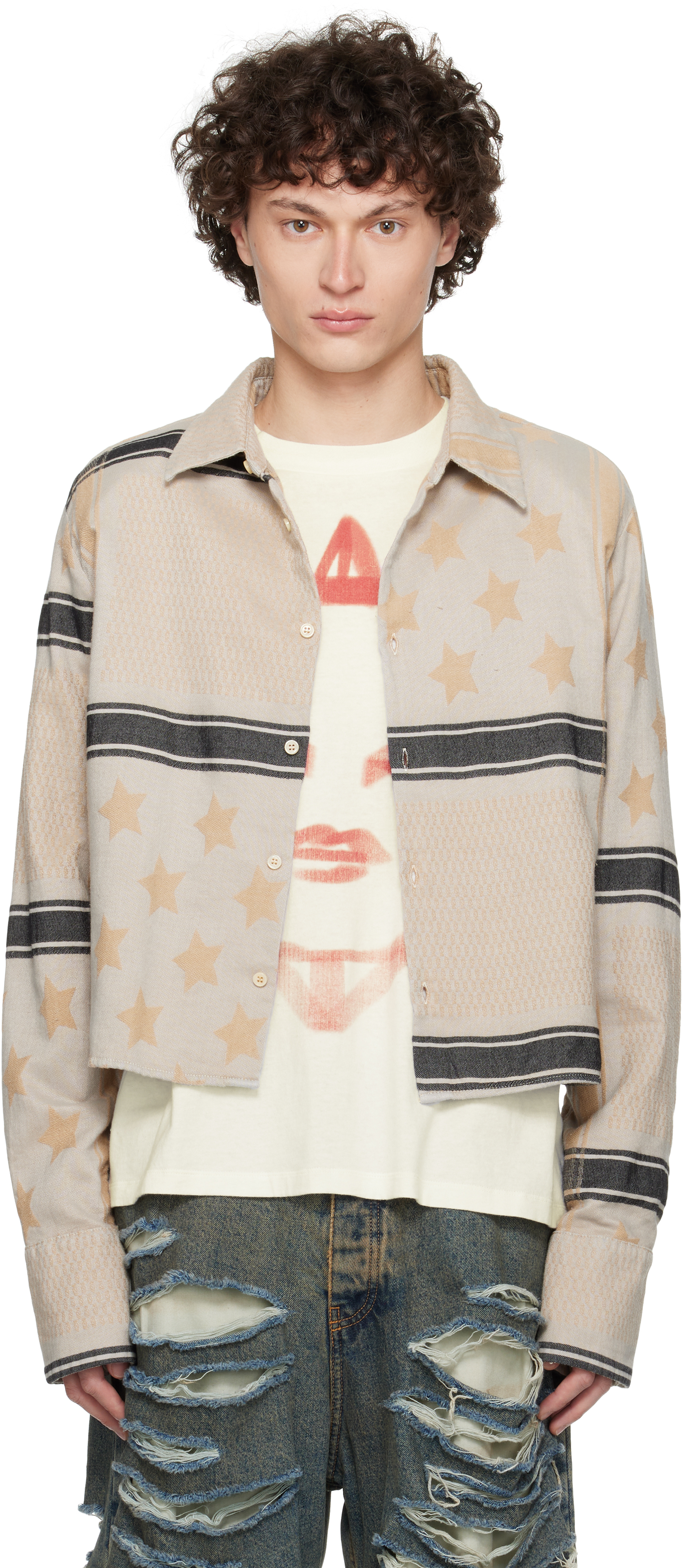 Beige Cropped Shoulder Pad Shirt