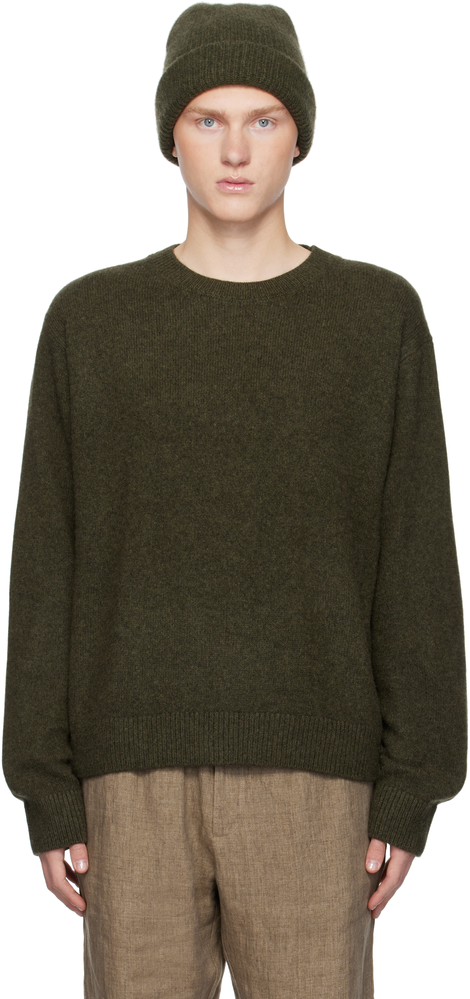 THE ELDER STATESMAN KHAKI SIMPLE CREW SWEATER 