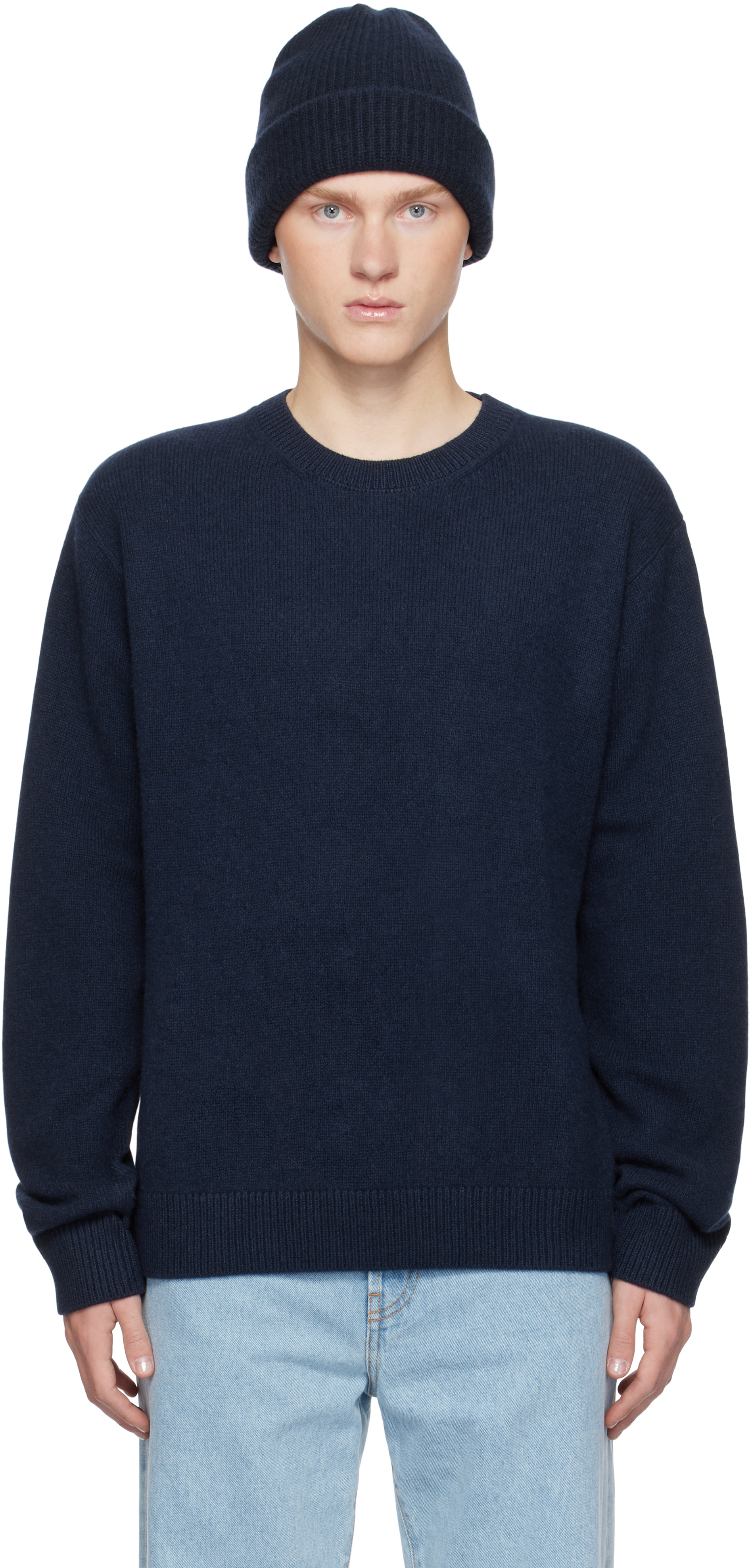 THE ELDER STATESMAN NAVY SIMPLE CREW SWEATER 