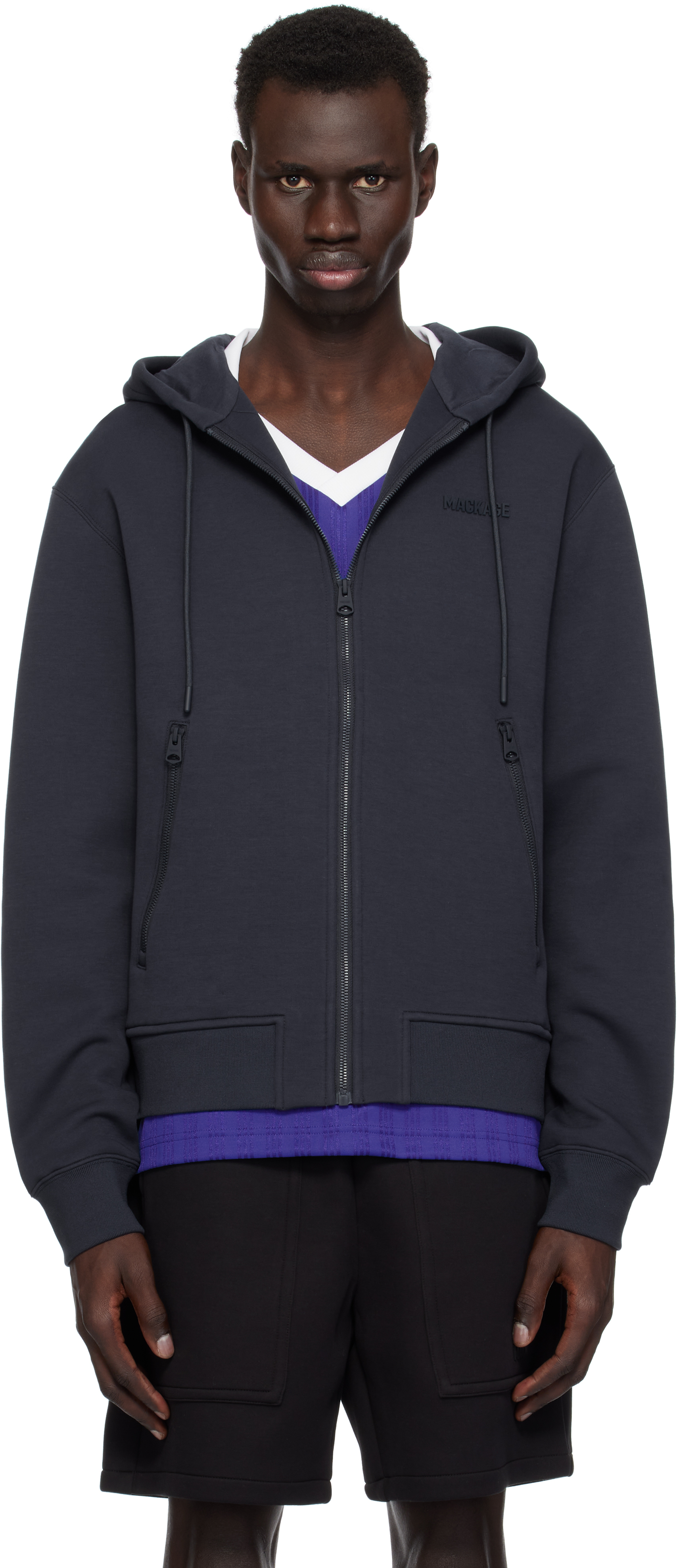 【関税込み】MACKAGE ネイビー Krystos フーディ MACKAGE: Navy Krystos Hoodie | SSENSE 日本