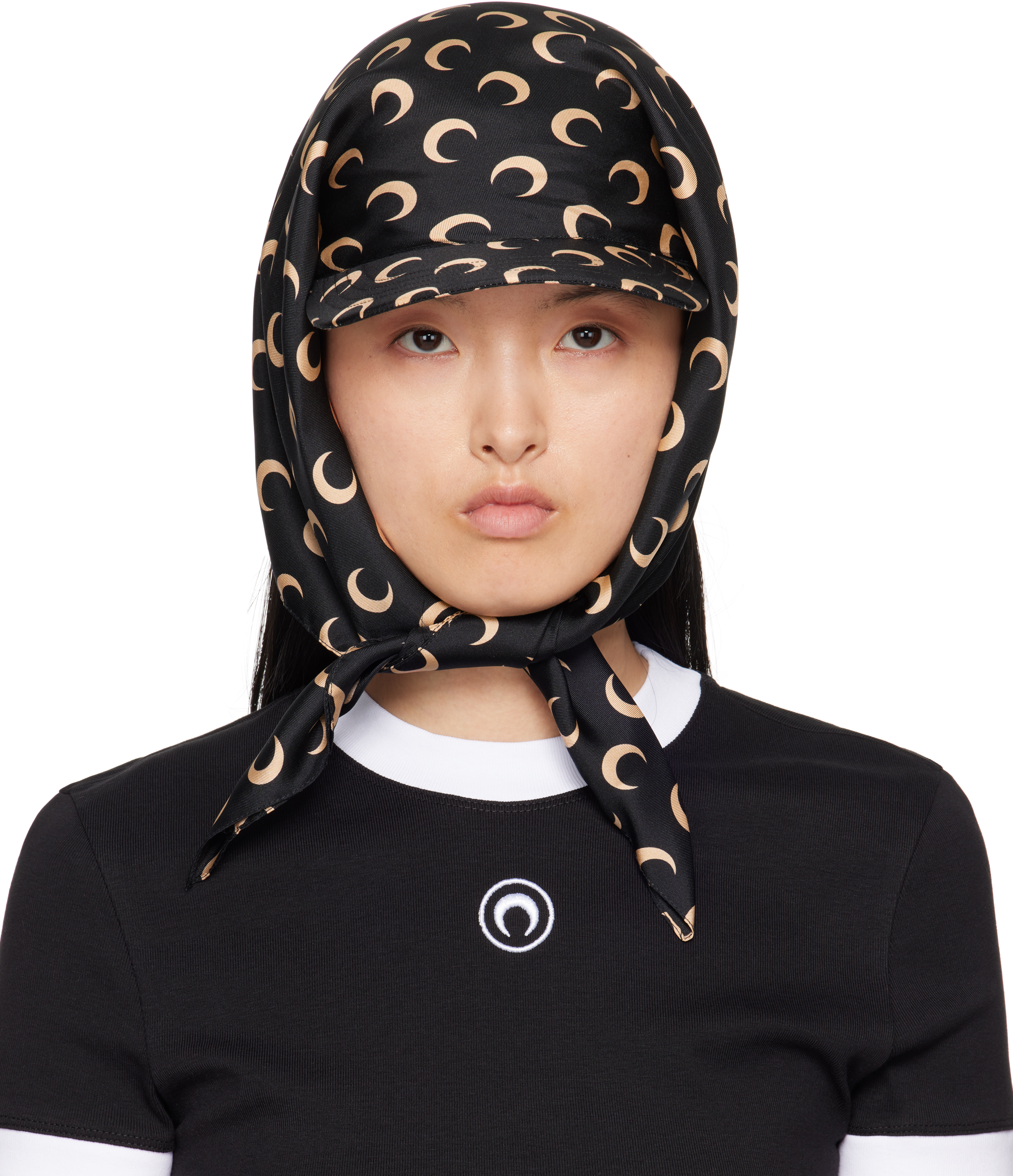 Marine Serre Ssense Exclusive Black & Beige Regenerated Silk Veiled Cap In It99 Inverse Tan