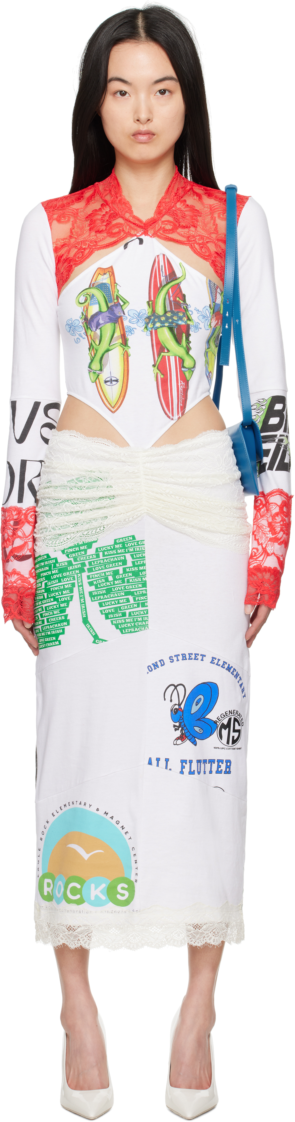Marine Serre: White & Red Regenerated T-Shirts & Lace Midi