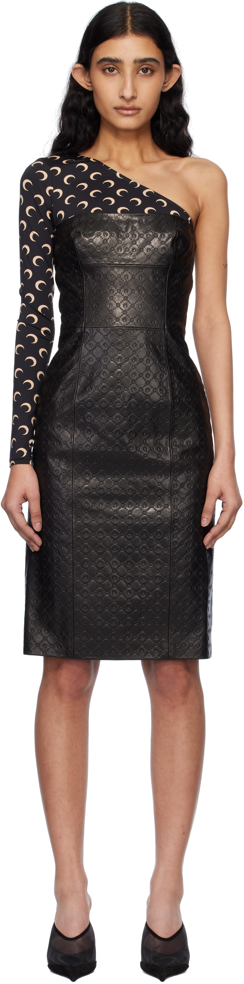 Black Moonogram Embossed Leather Midi Dress
