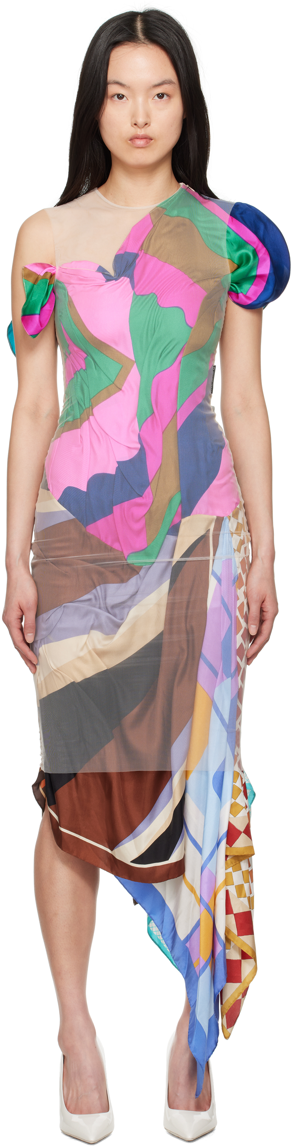 Multicolor Regenerated Silk Scarves Fitted Maxi Dress