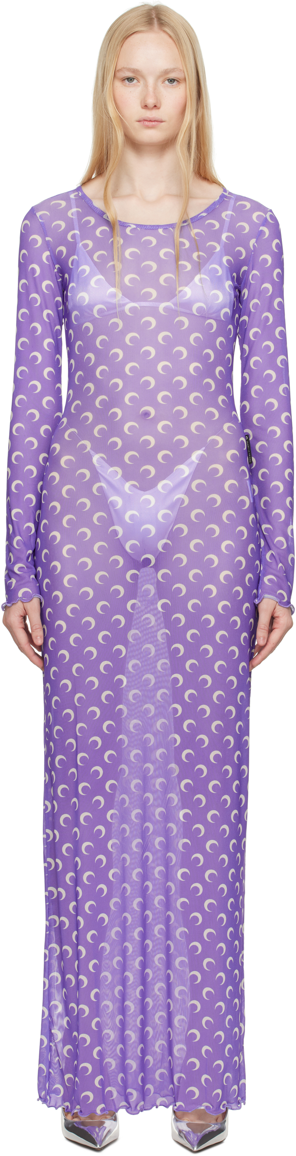 Marine Serre Purple Moon Printed Mesh Panelled Maxi Dress
