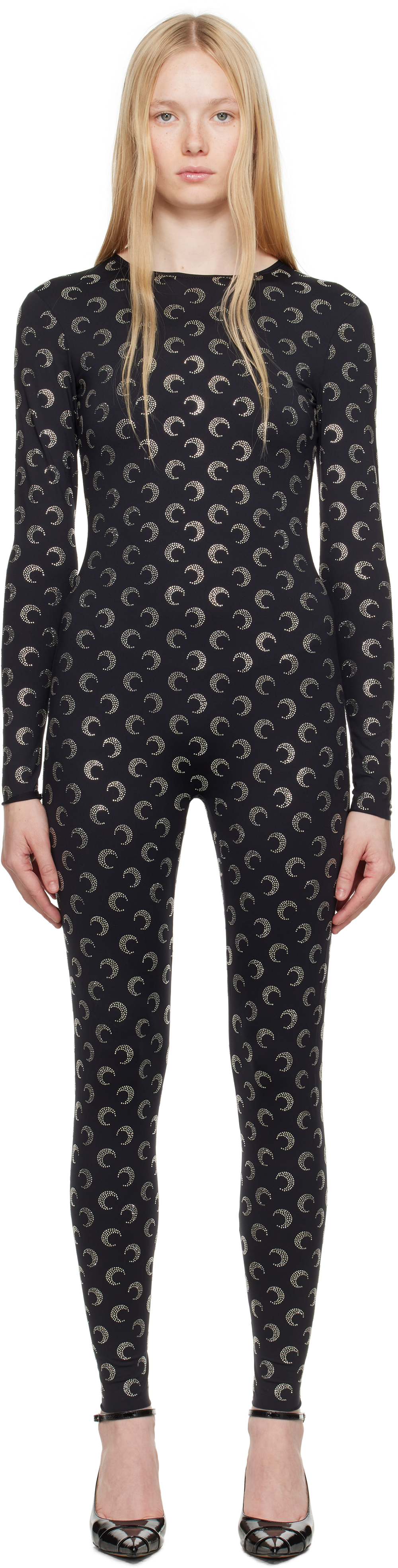 Shop Marine Serre Black Recycled Moon Strass Jersey Catsuit