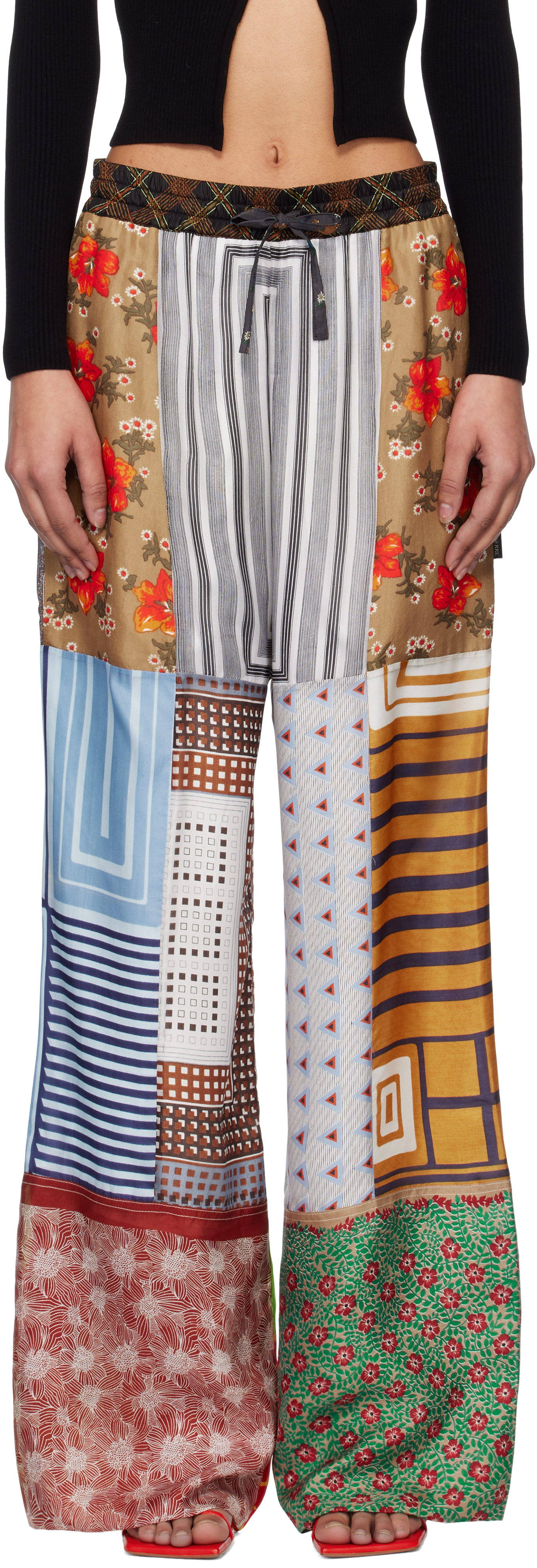 Multicolor Regenerated Silk Scarves Drawstring Trousers