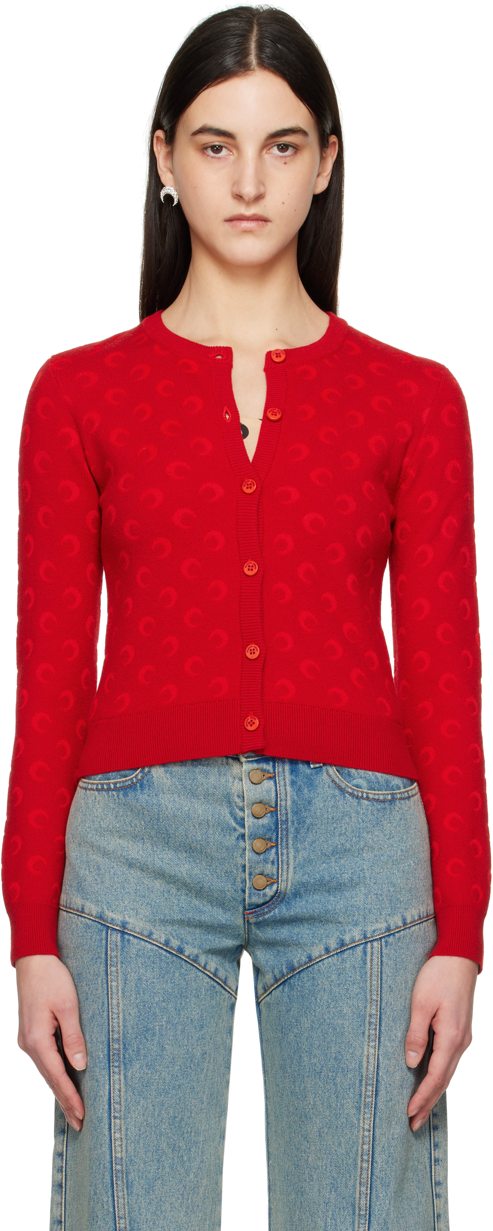 Shop Marine Serre Red Moon Jacquard Knit Fitted Cardigan In Rd10 Red
