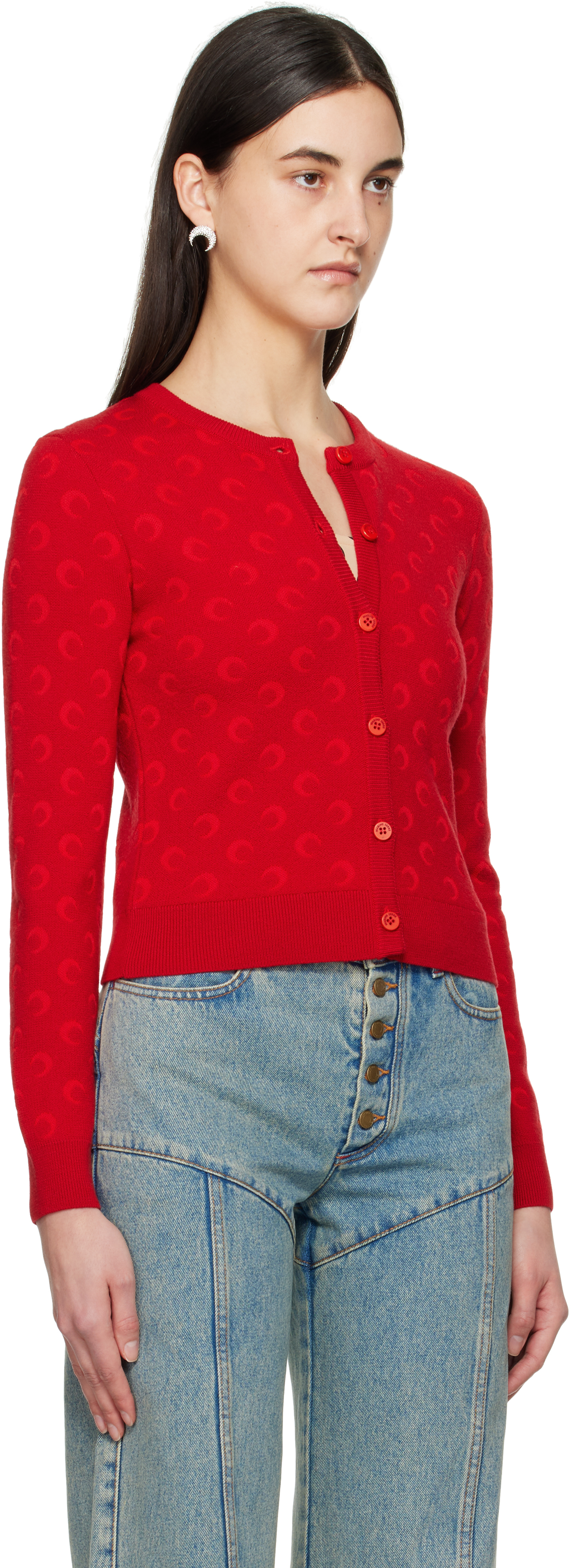 Shop Marine Serre Red Moon Jacquard Knit Fitted Cardigan In Rd10 Red