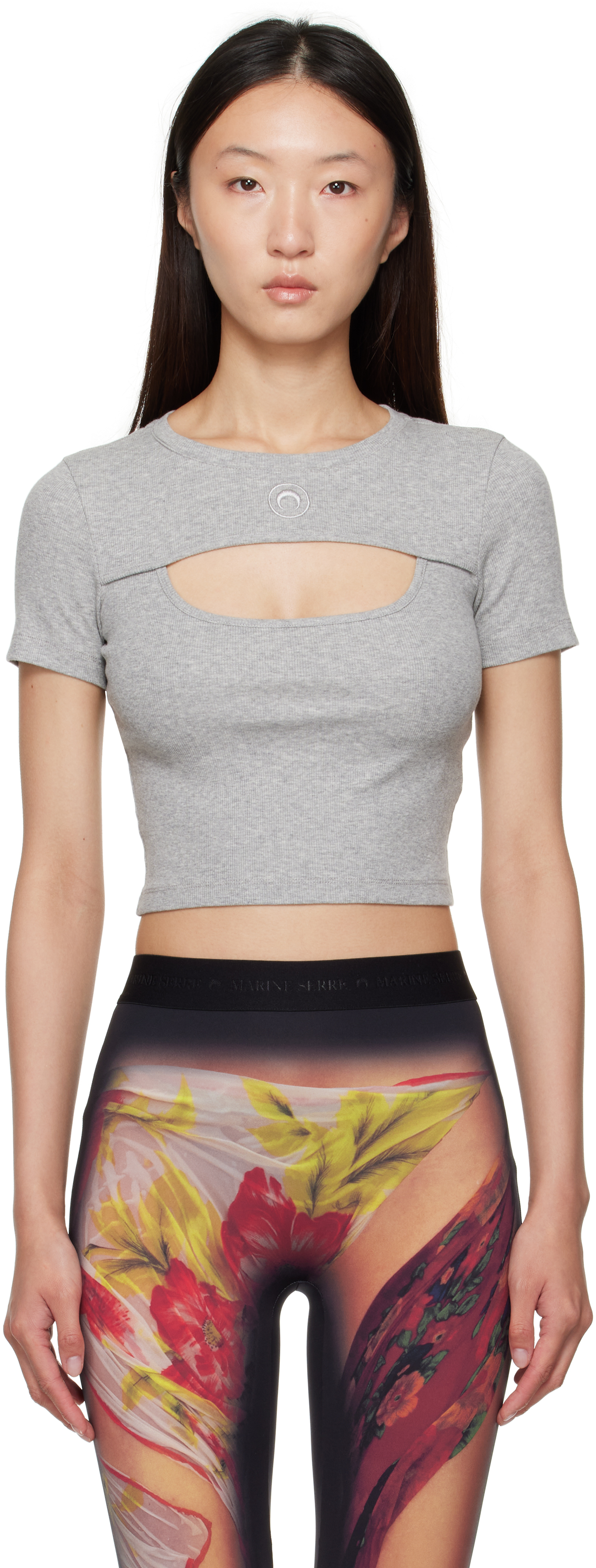 Marine Serre  Moon Logo リブ カットアウト Tシャツ Marine Serre: グレー Moon Logo カットアウト リブTシャツ
