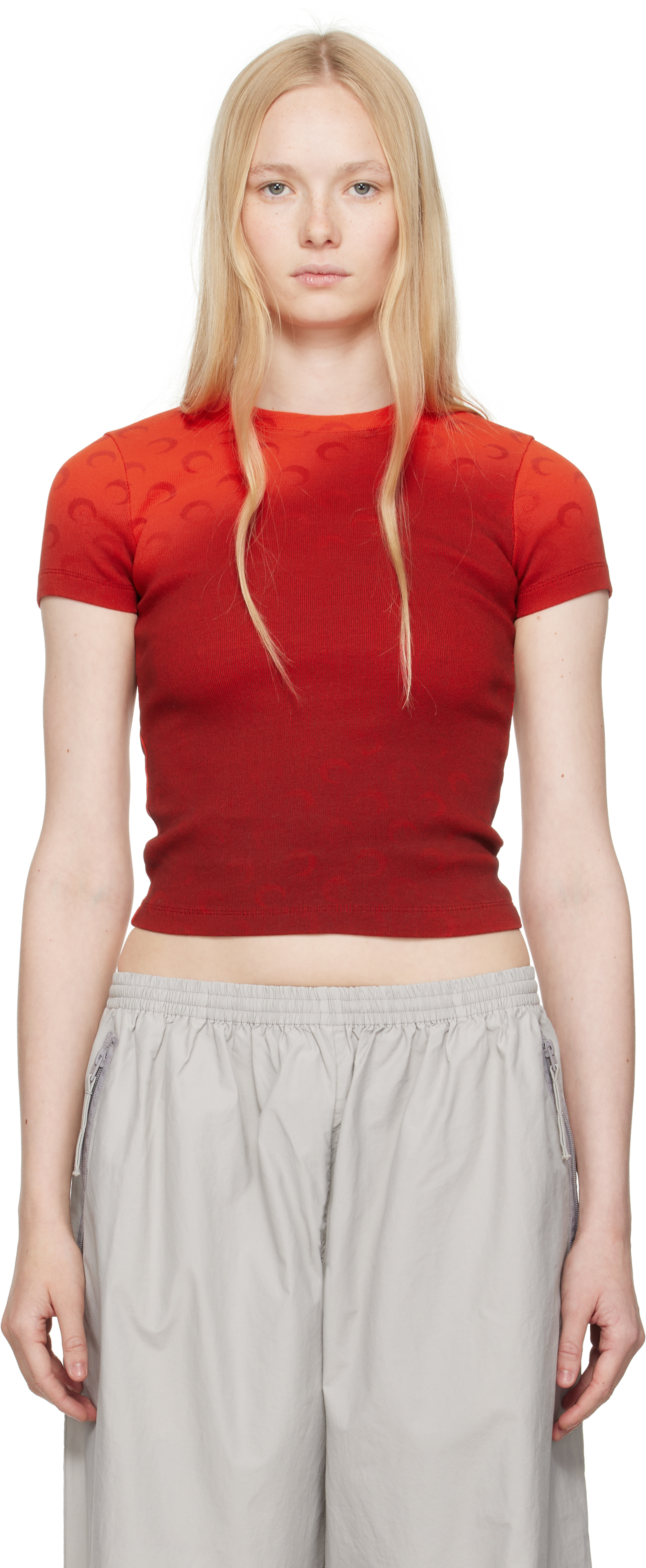 【MARINE SERRE】MOON FADED JERSEY BABY FIT T-SHIRT_RED Marine Serre: Red Moon Faded Jersey Baby Fit T-shirt