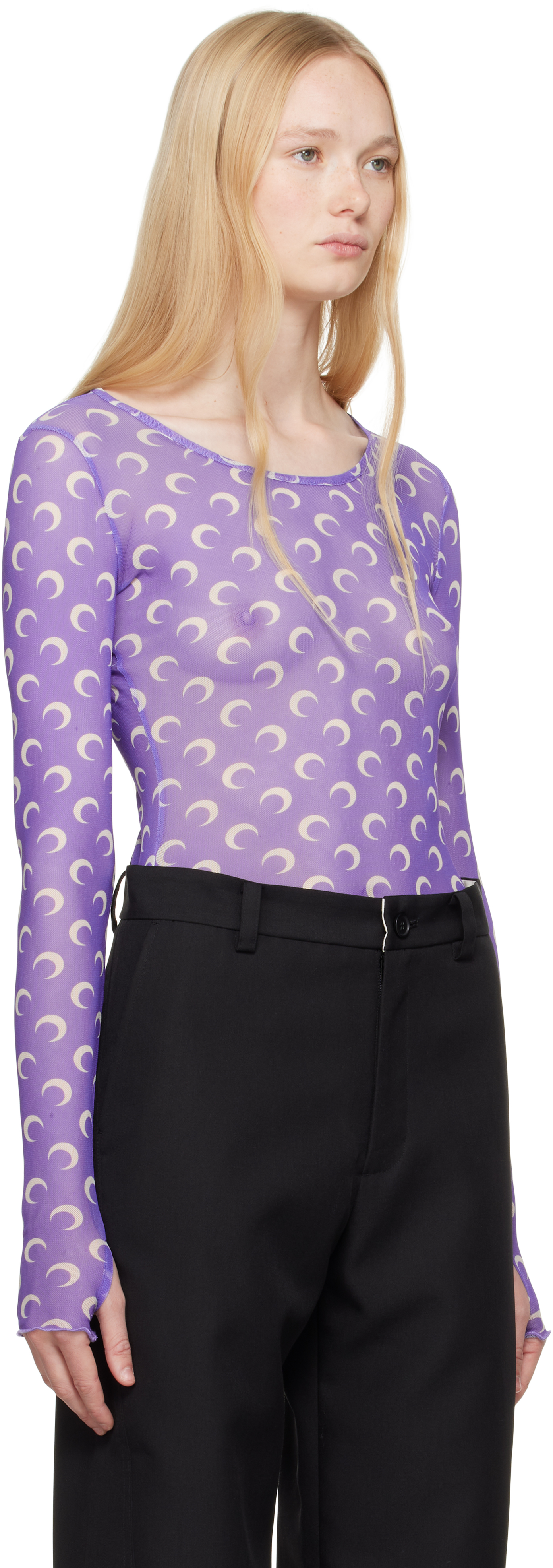 Marine Serre Purple Recycled Moon Mesh Second Skin Cropped T-shirt