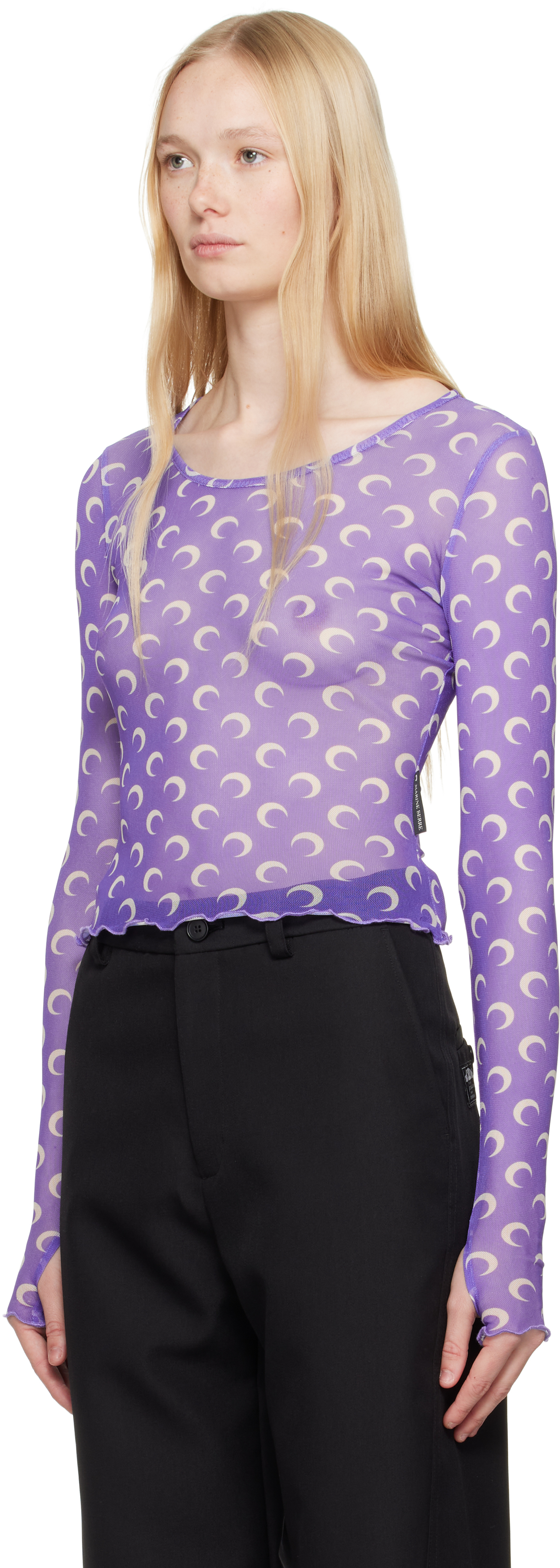 Marine Serre Purple Recycled Moon Mesh Second Skin Cropped T-shirt
