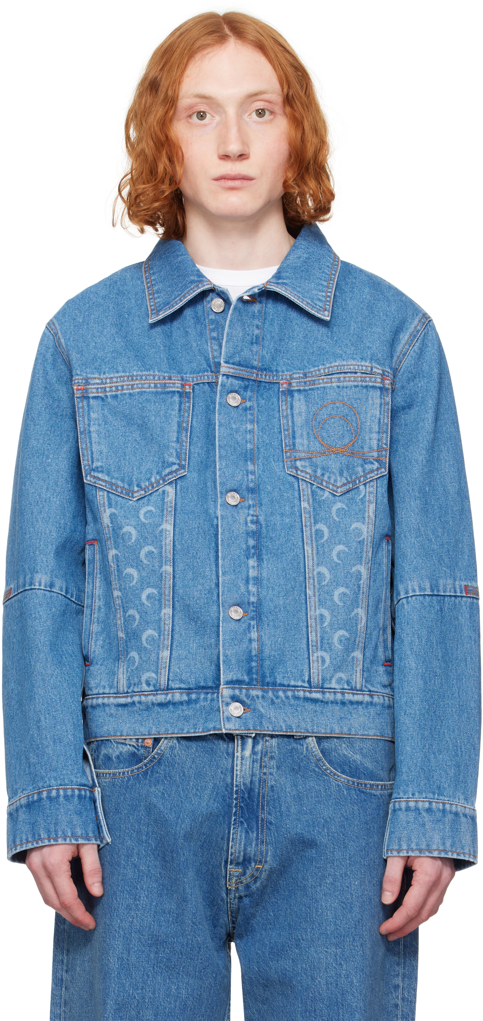 Marine Serre: Blue Moon Laser Denim Trucker Jacket | SSENSE Marine Serre: Blue Moon Laser Denim Trucker Jacket | SSENSE