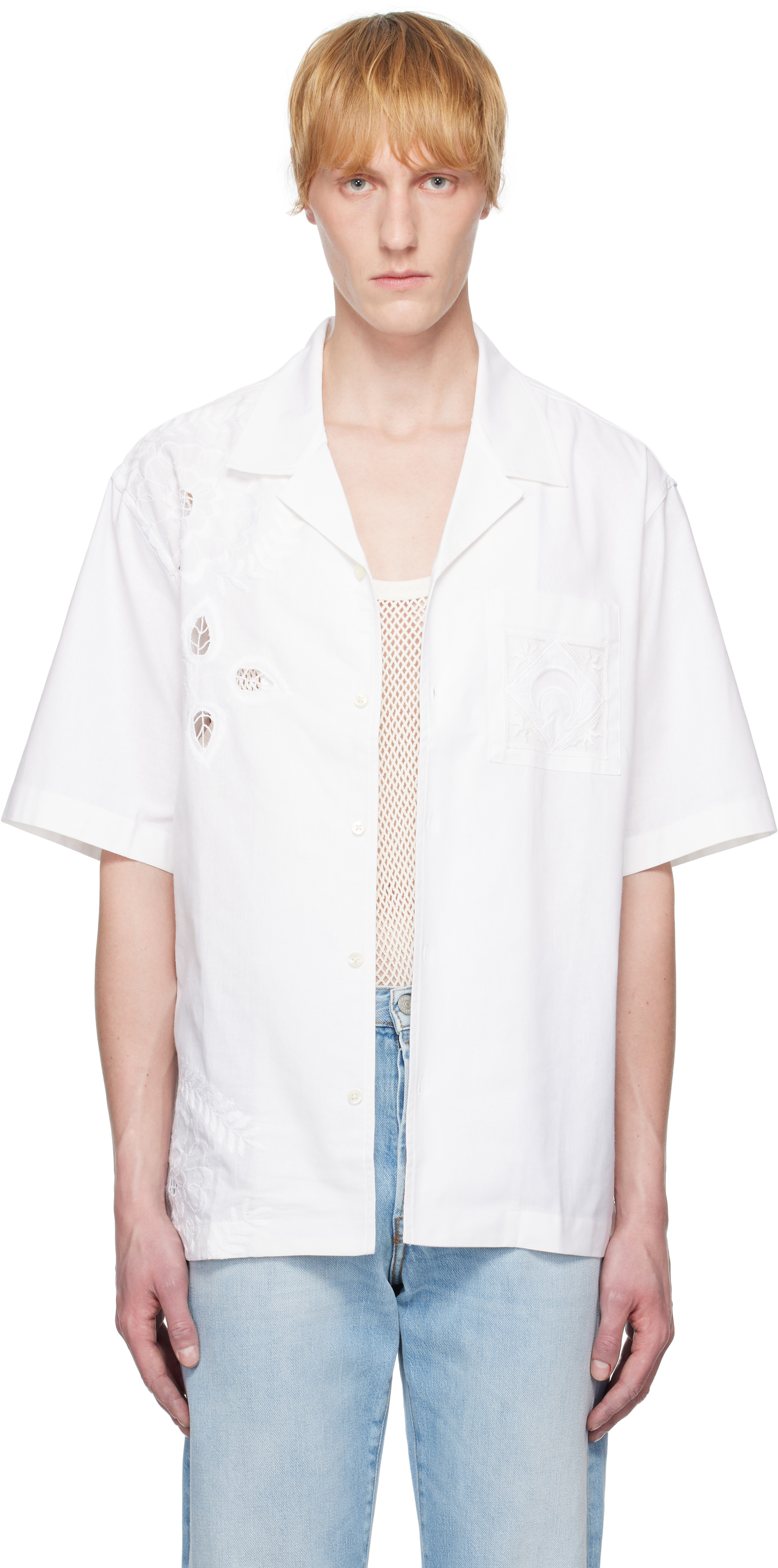 Marine Serre White Regenerated Household Linen Bowling Shirt