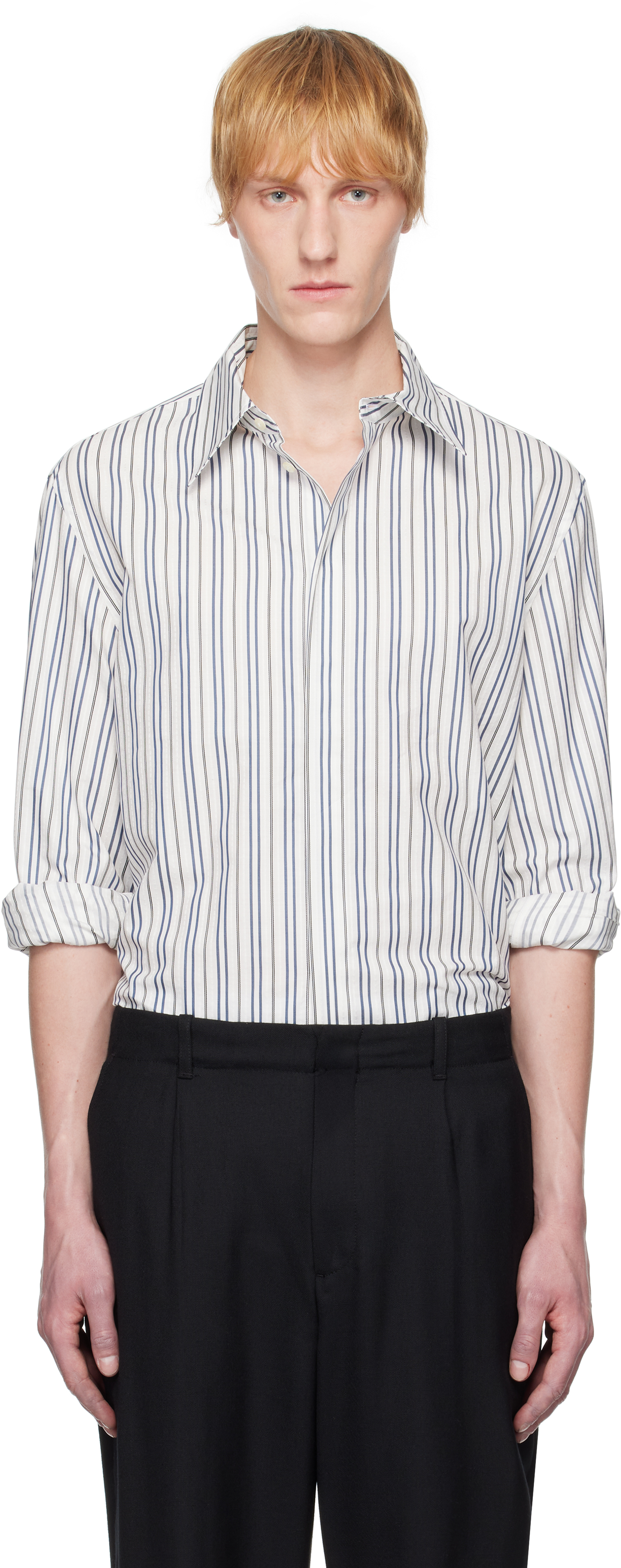 Marine Serre Off-white & Navy Regenerated Striped Poplin Button Up Shirt