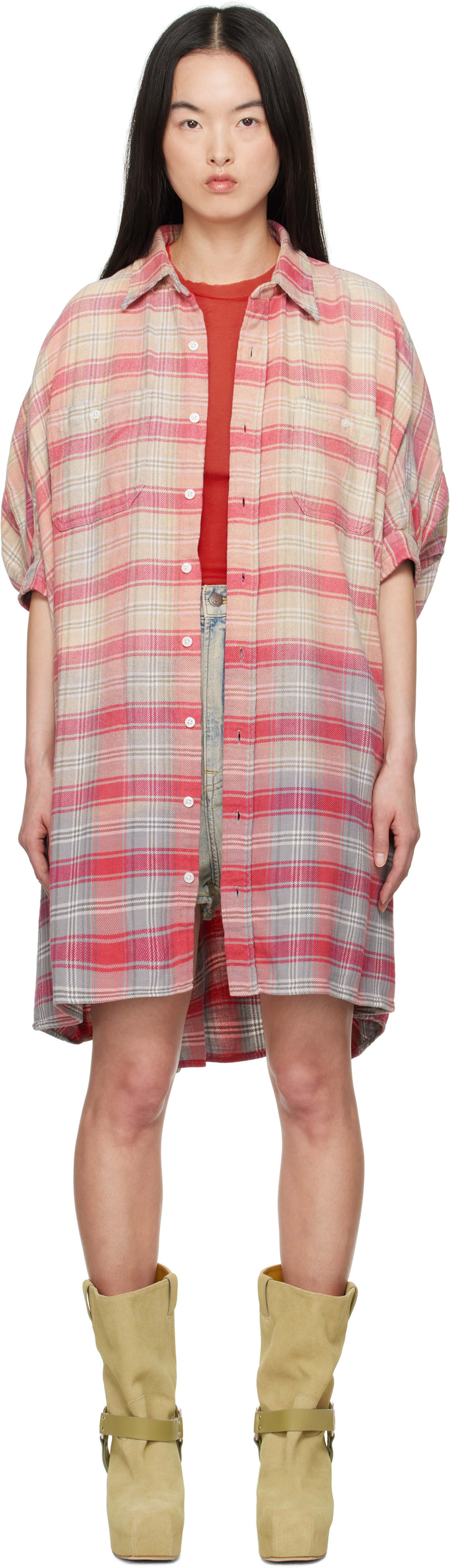 Pink Plaid Oversized Boxy Shirt Minidress