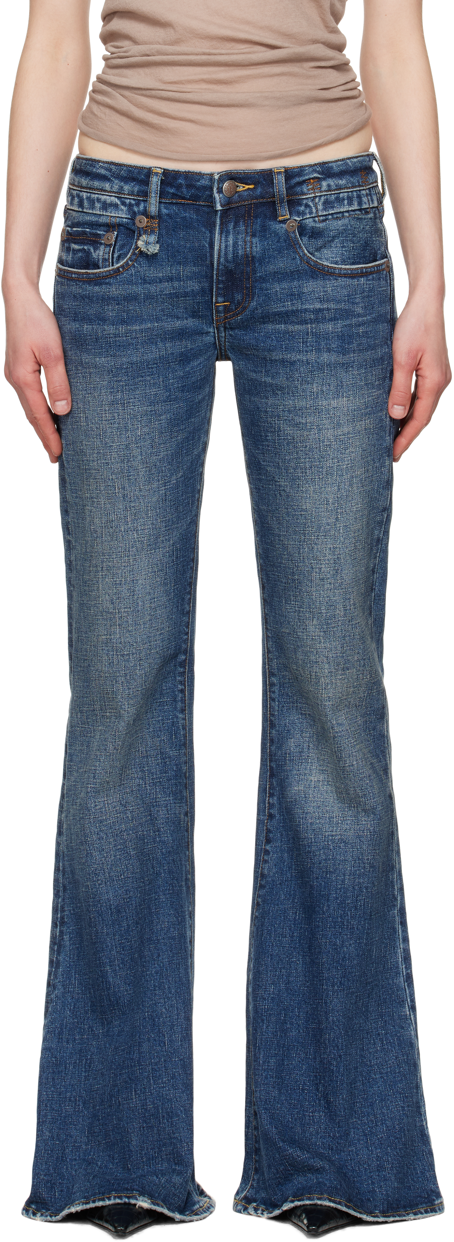 Shop R13 Blue Overflow Boy Flare Jeans In Mire Blue Stretch