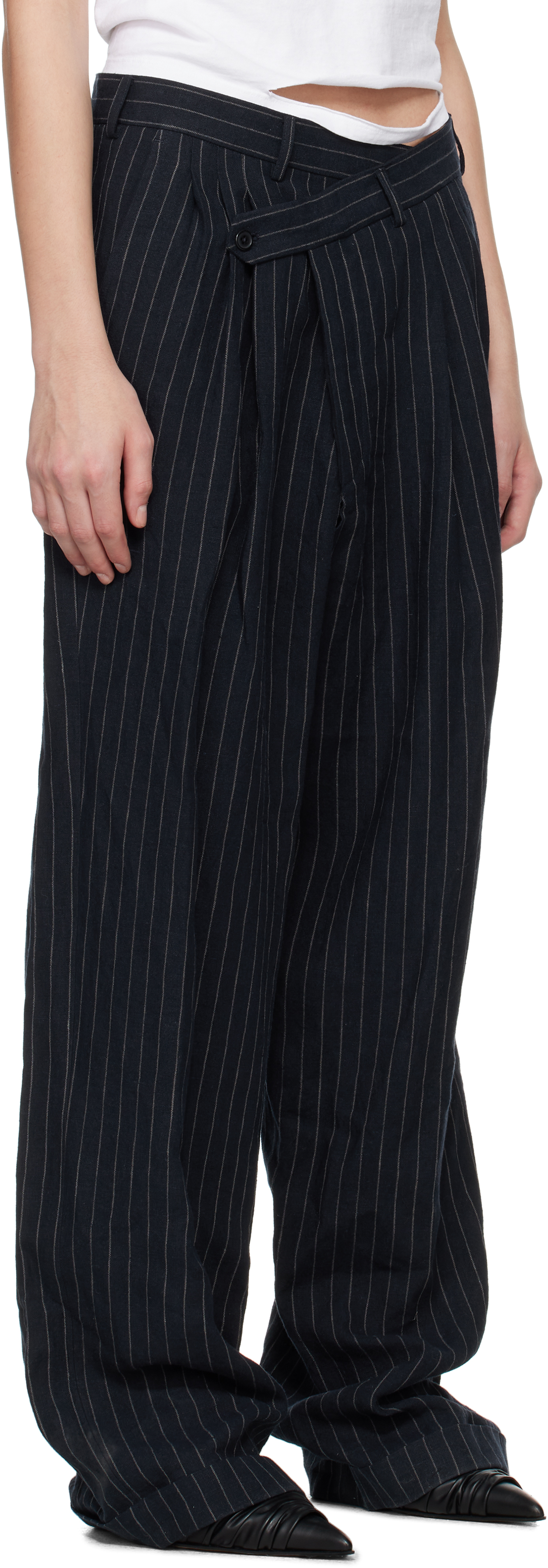 R13 Navy Triple Pleat Crossover Trousers In Dark Navy Stripe