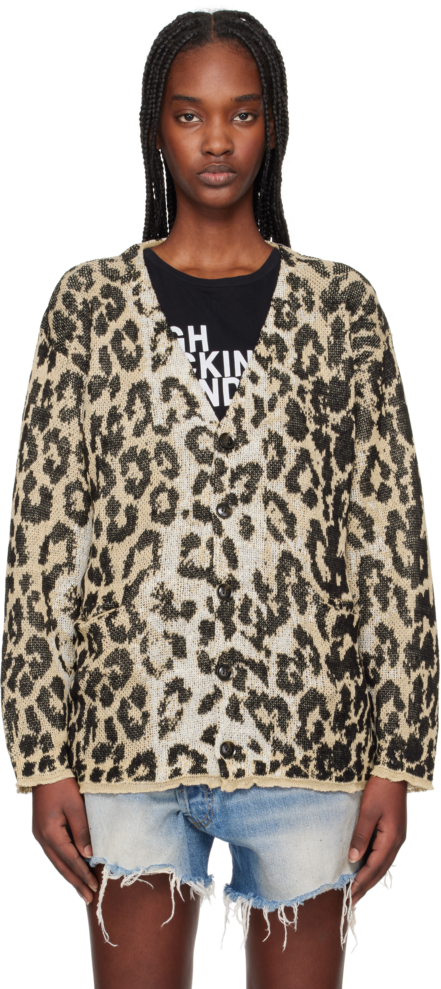 R13 Beige Boyfriend Cardigan In Light Leopard Jacqua
