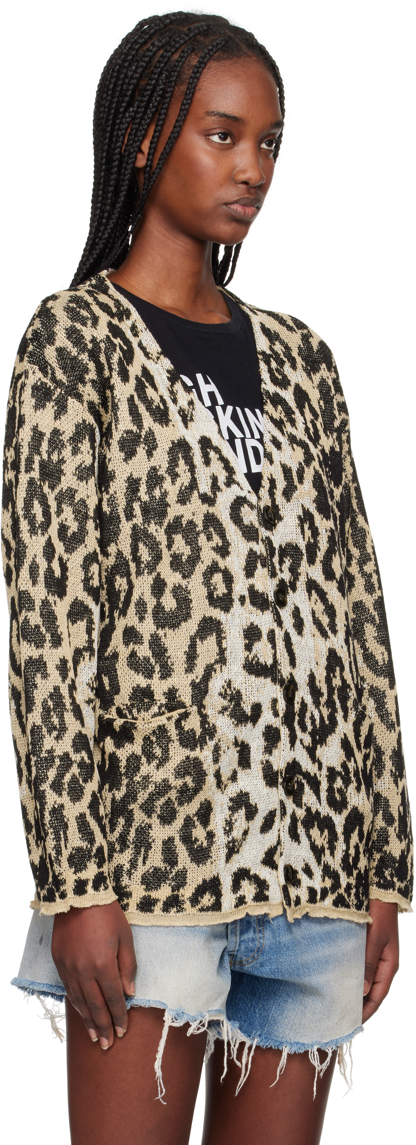 R13 Beige Boyfriend Cardigan In Light Leopard Jacqua