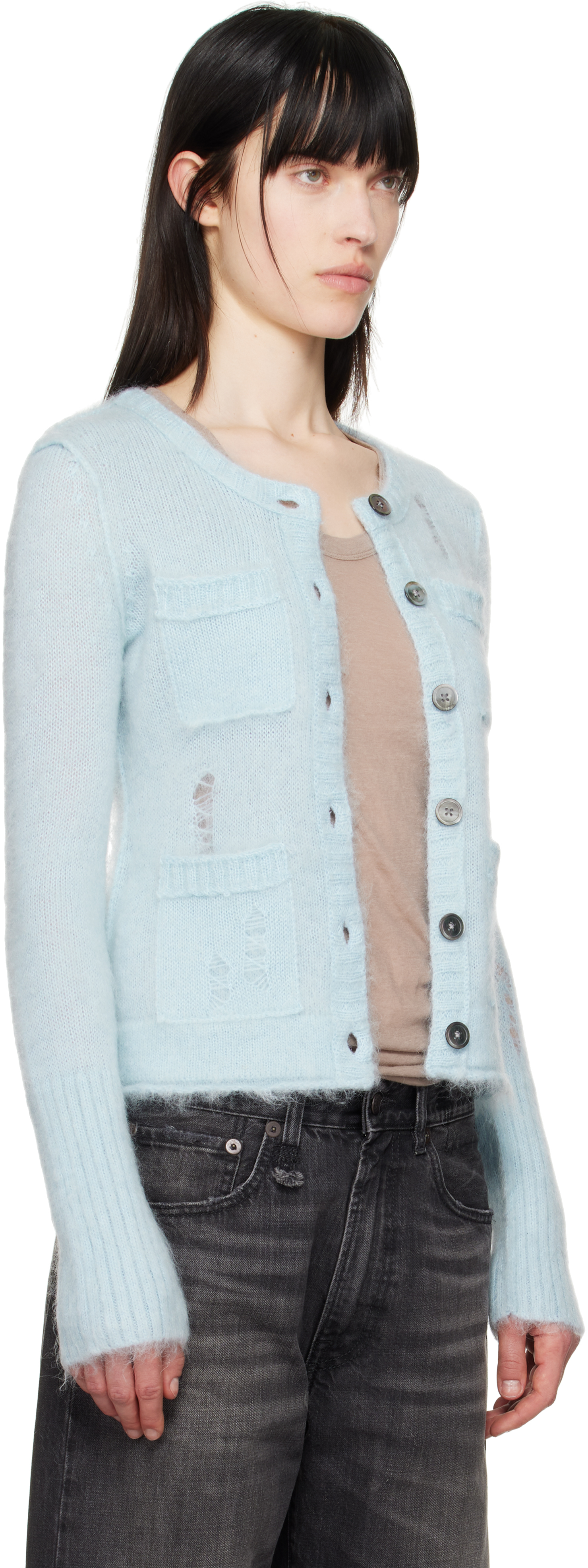 R13 Blue Elongated Shrunken Crewneck Cardigan In Light Blue