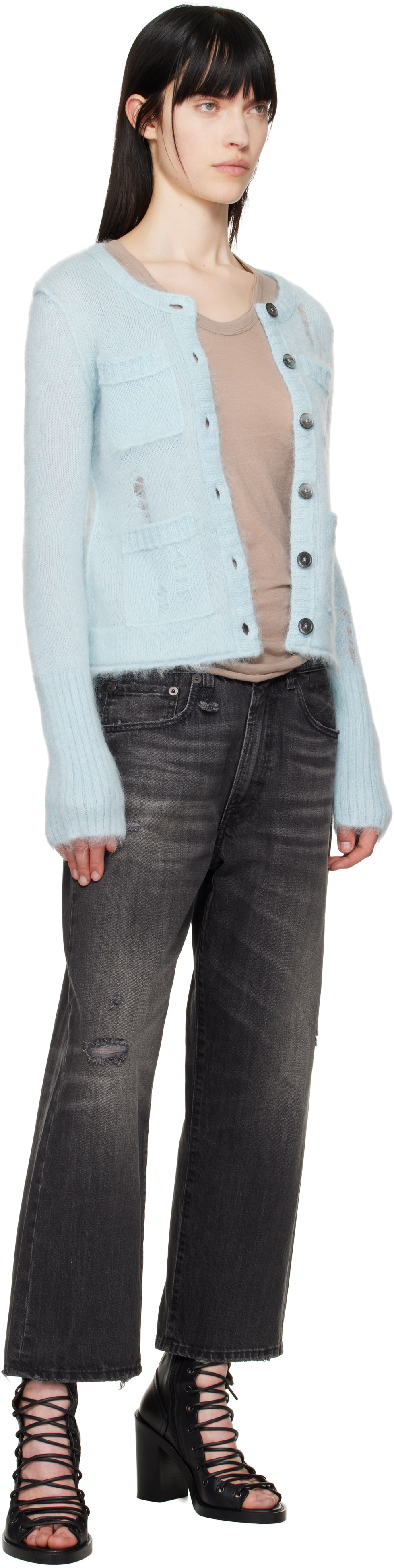 R13 Blue Elongated Shrunken Crewneck Cardigan In Light Blue