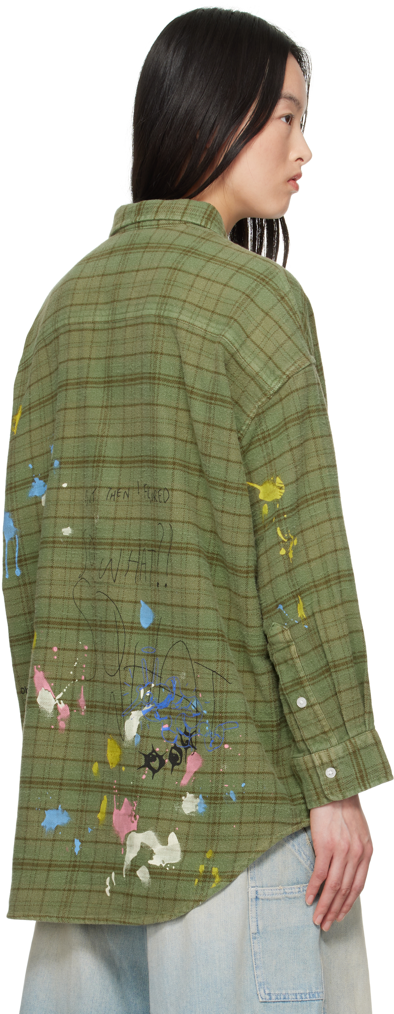 R13 Green Drop Neck Work Shirt In Plaid With Paint Spl