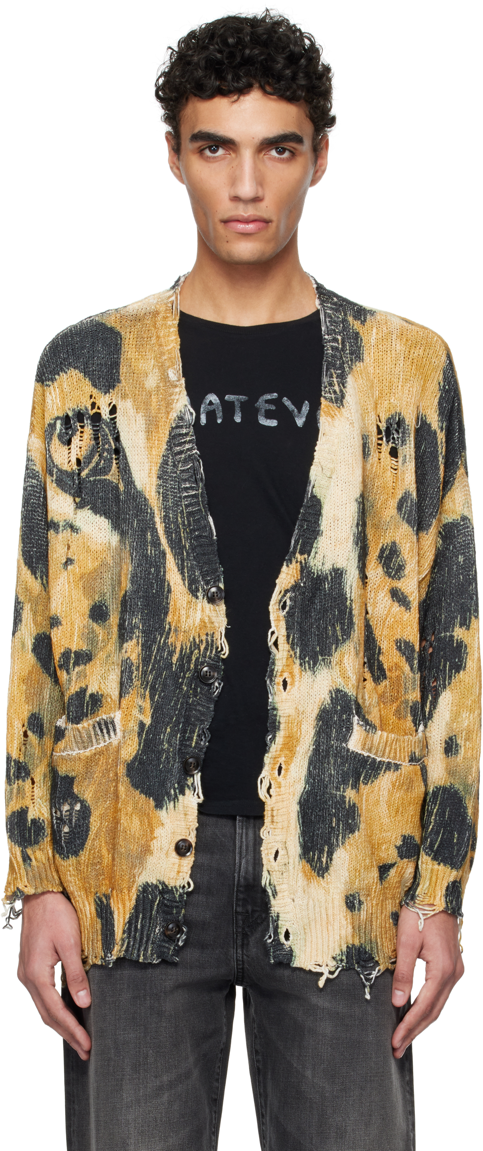 R13 Yellow & Black Printed Oversized Cardigan In Leopard
