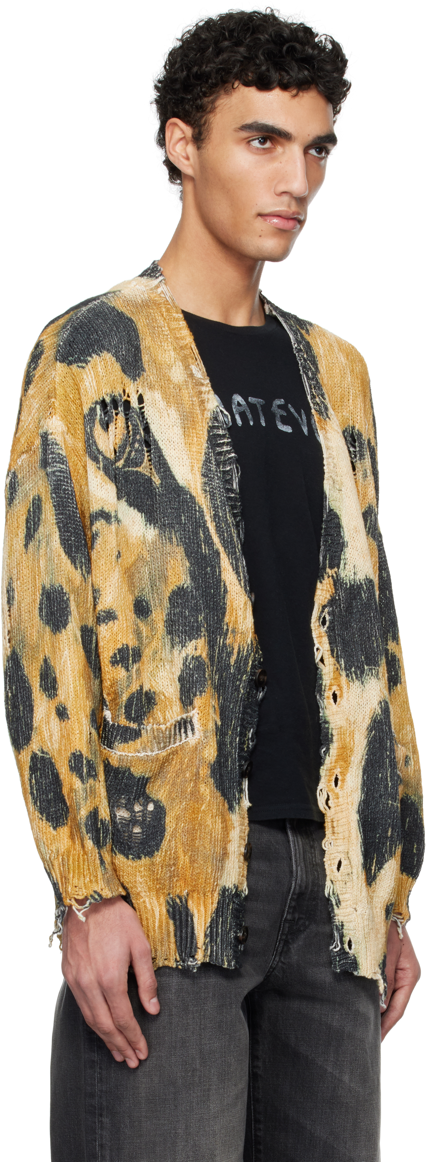 R13 Yellow & Black Printed Oversized Cardigan In Leopard