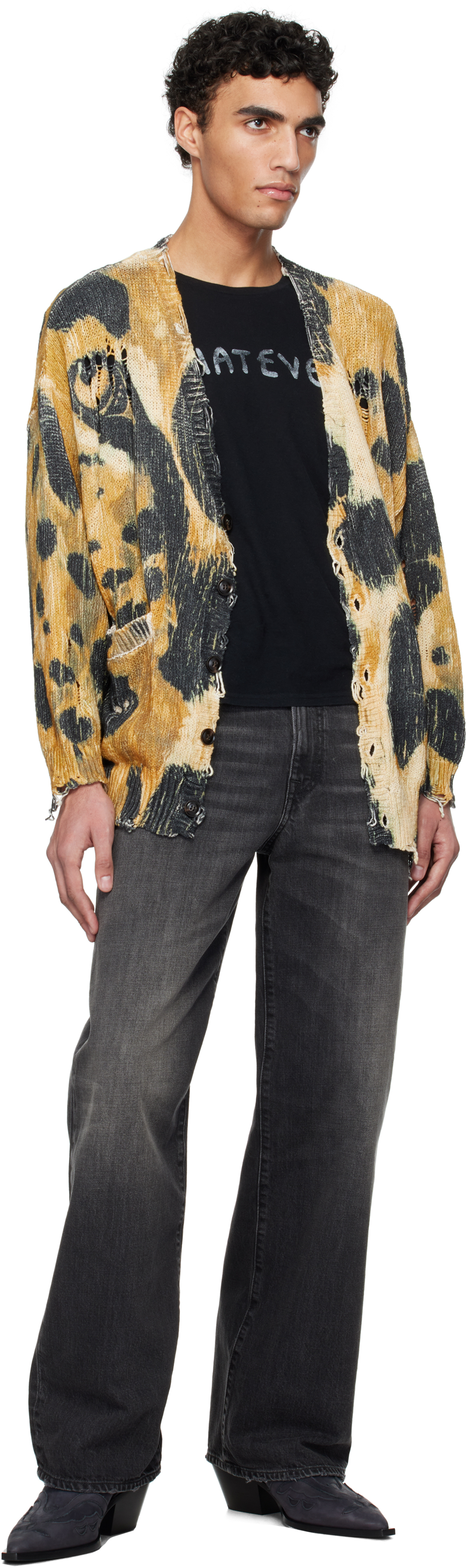 R13 Yellow & Black Printed Oversized Cardigan In Leopard