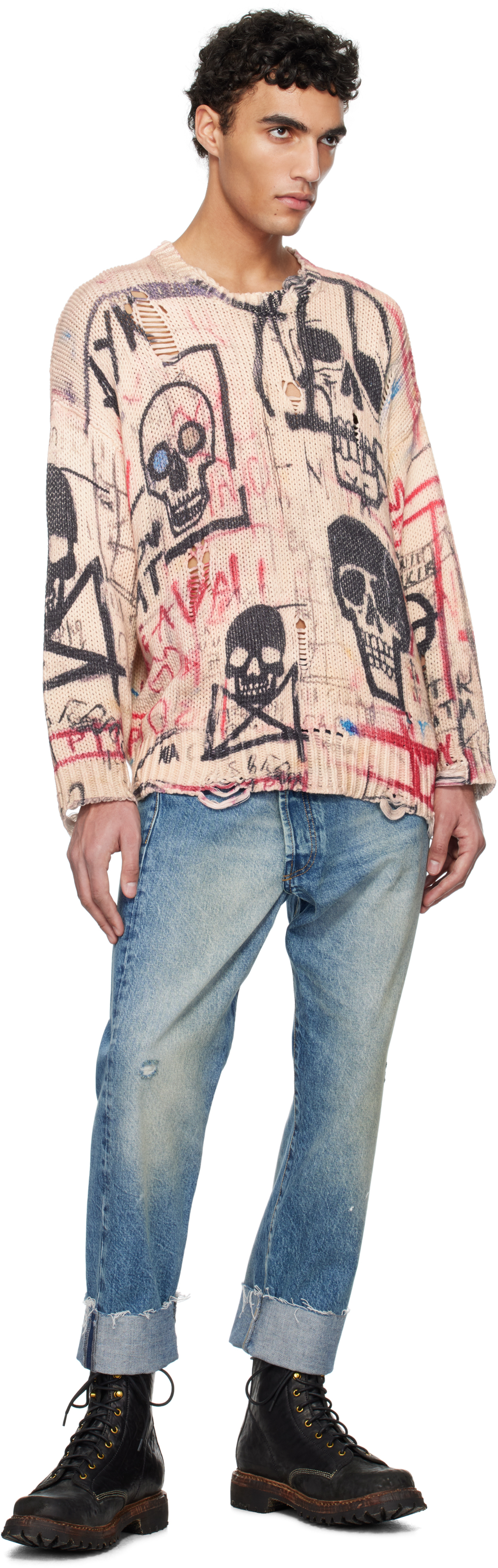 R13 Multicolor Printed Oversized Sweater In Skull Graffiti Print