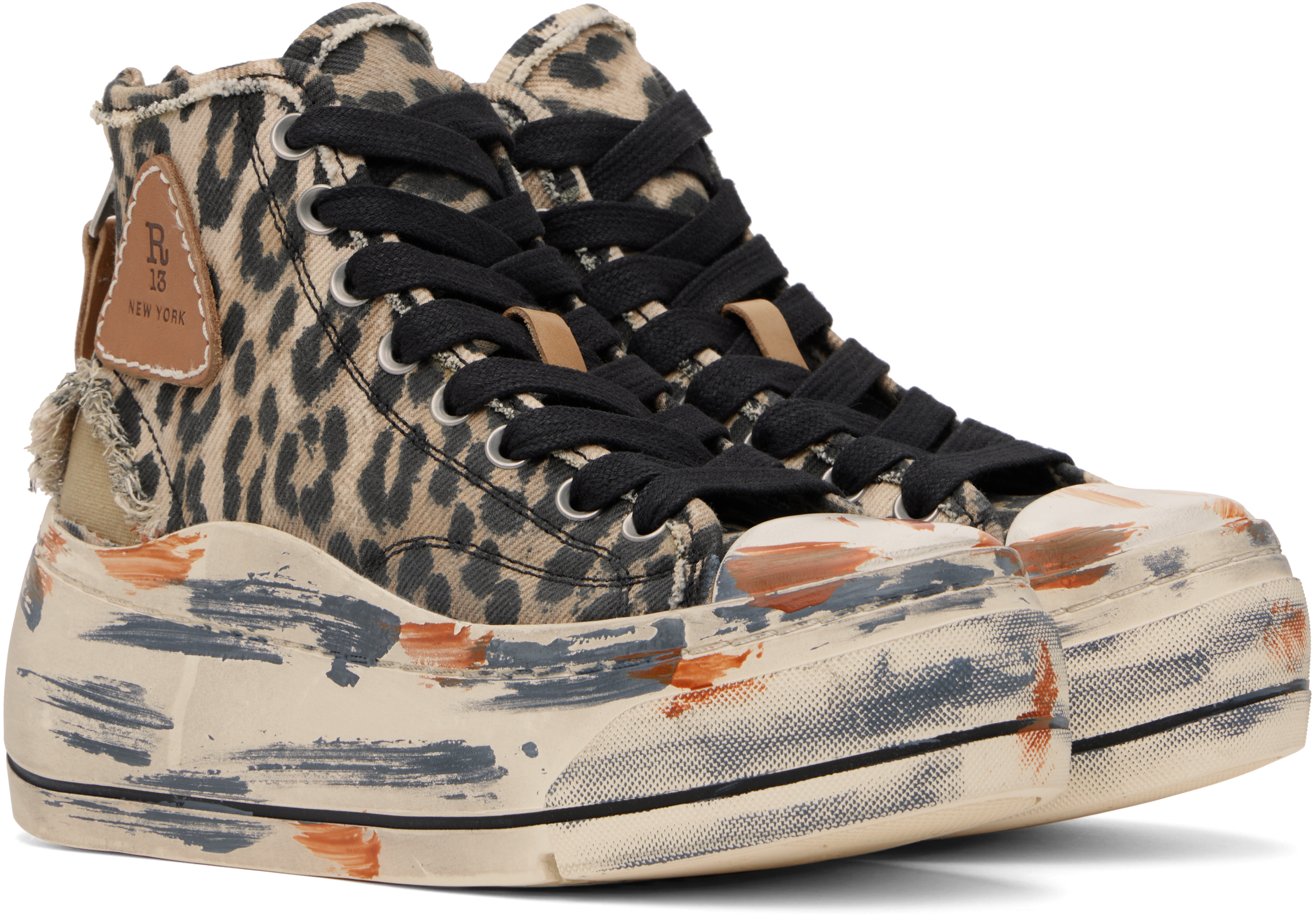 R13 Brown & Black Kurt High Top Sneakers In Distressed Lt Leoprd