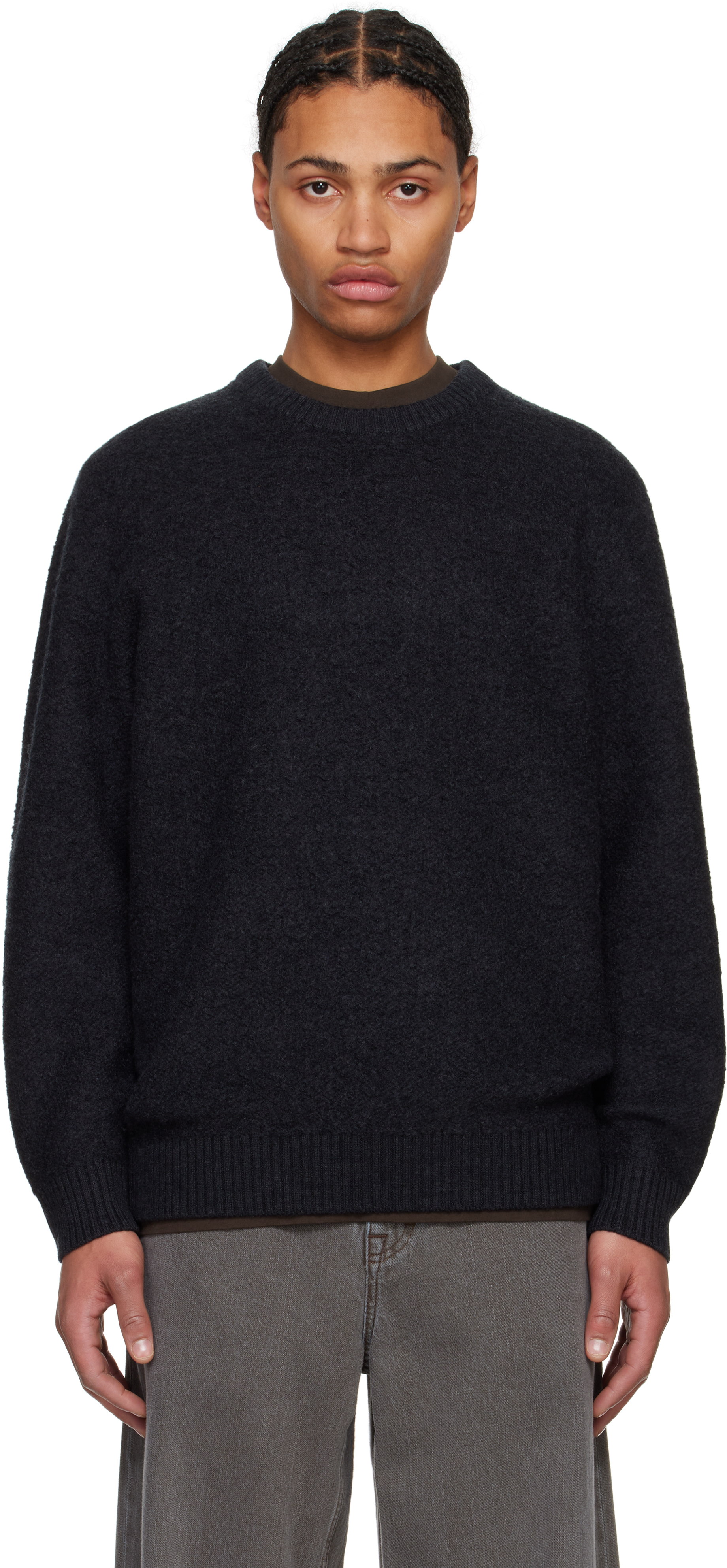 Black Textured Boucle Turf Crewneck Sweater