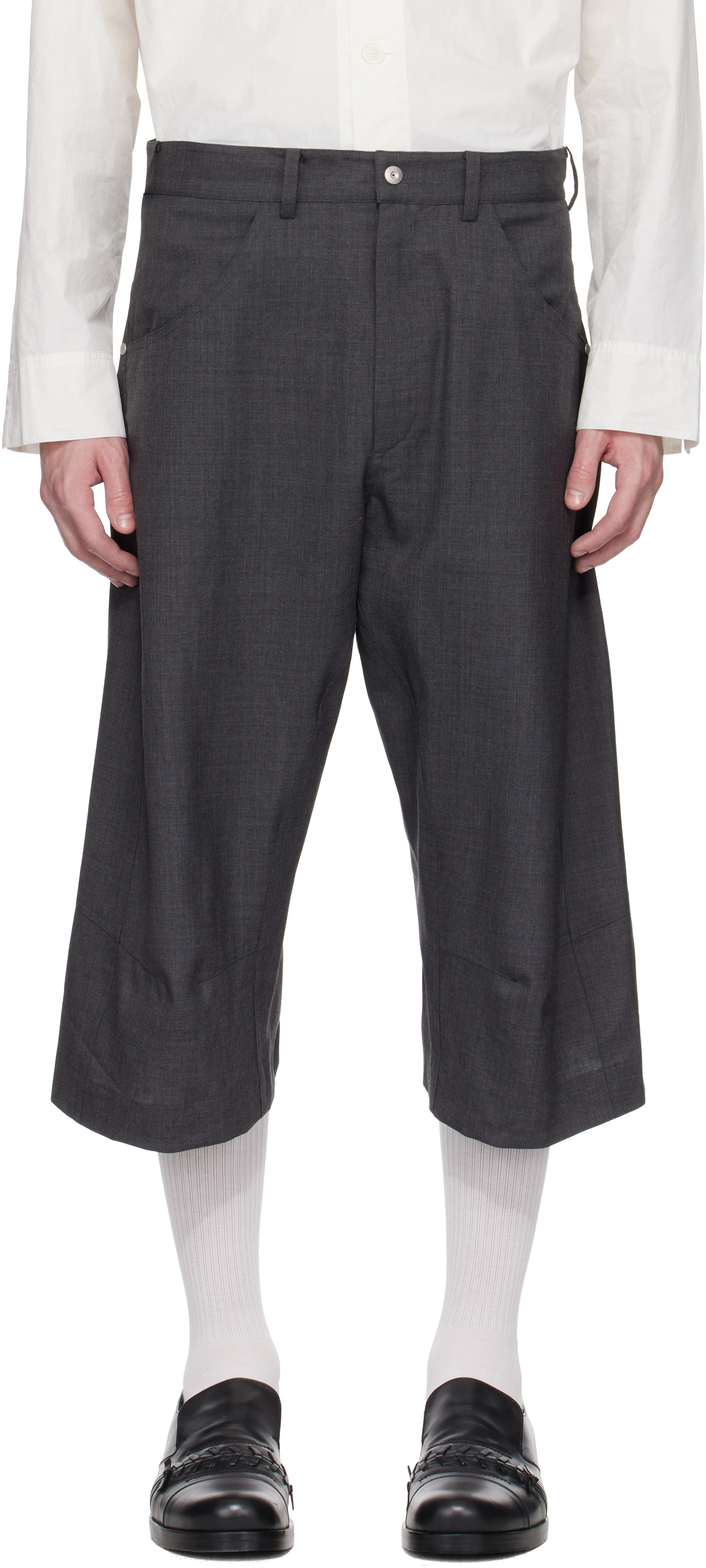 Omar Afridi: Gray Knee Darted Flare Shorts | SSENSE Omar Afridi: Gray Knee Darted Flare Shorts | SSENSE