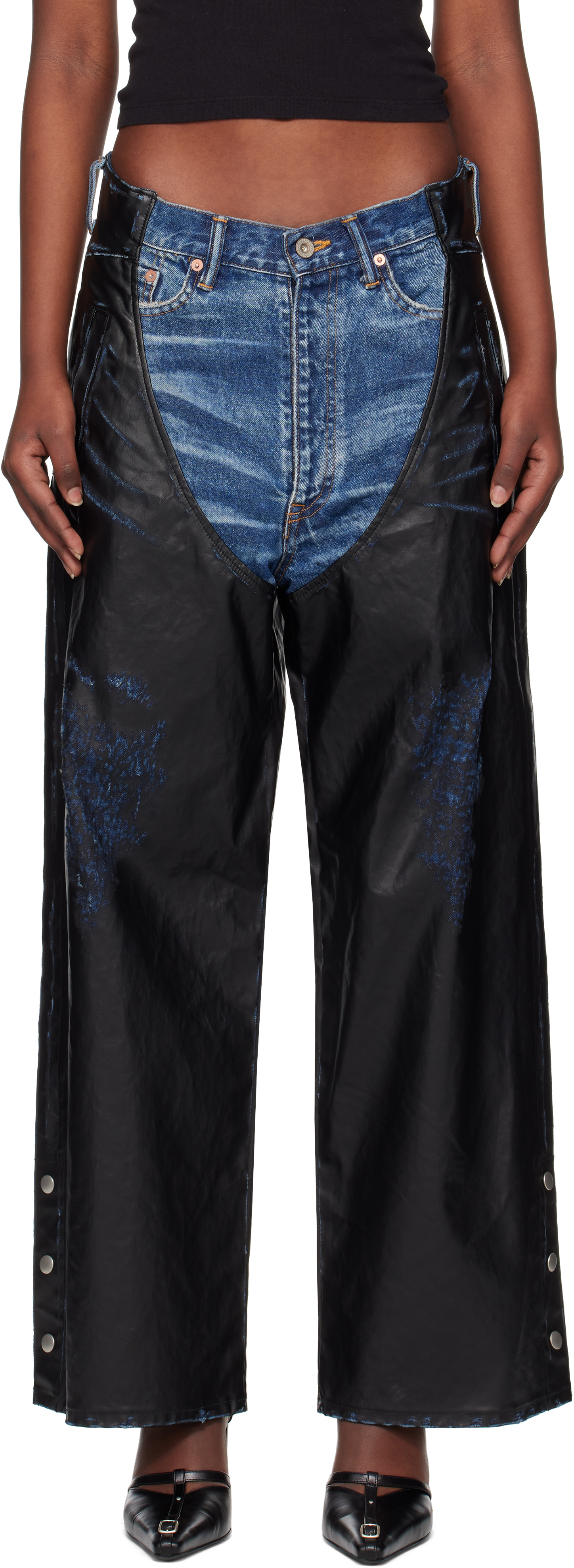 Blue 
Black Faux-Leather Coating Chaps Jeans