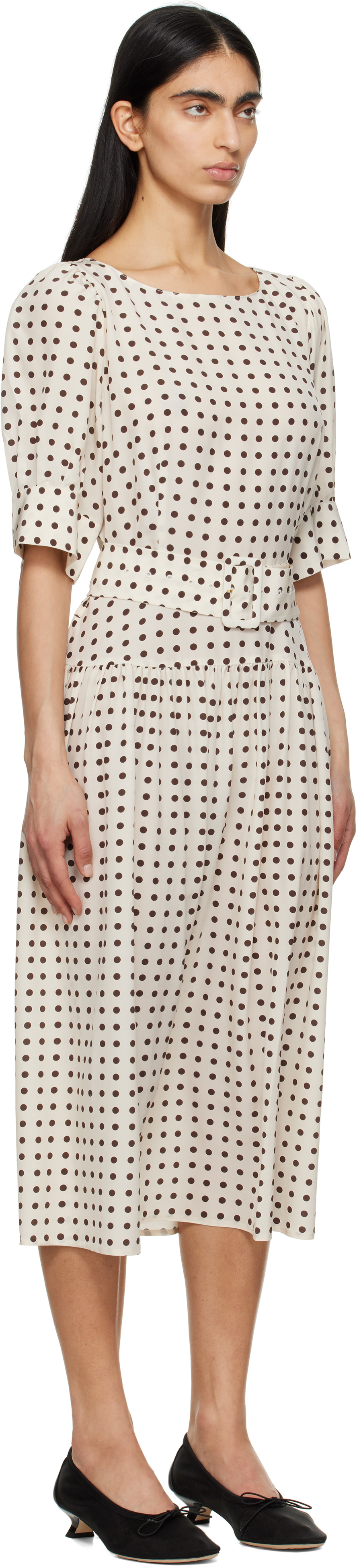 Caro Editions Off-white Bjorg Midi Dress In Cream W. Brown Dot
