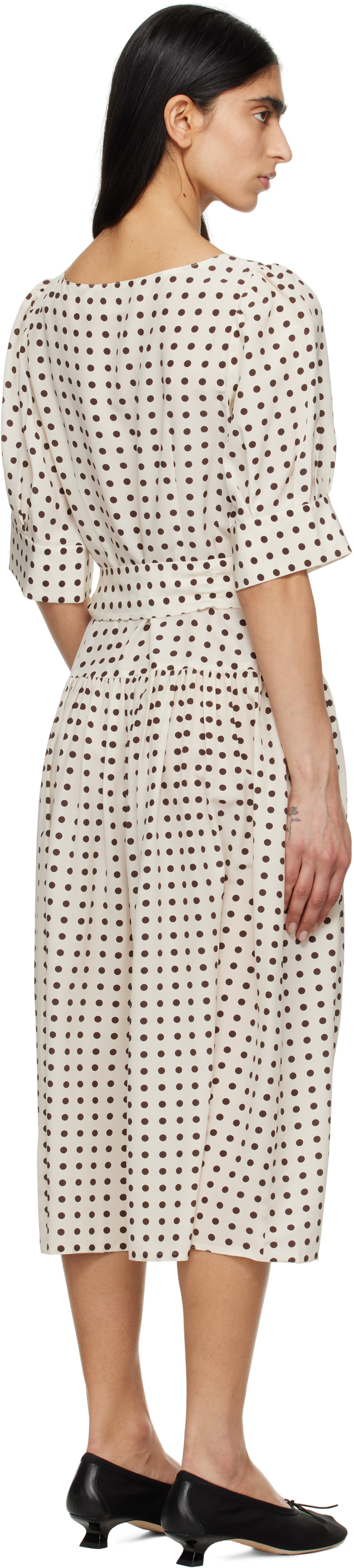 Caro Editions Off-white Bjorg Midi Dress In Cream W. Brown Dot