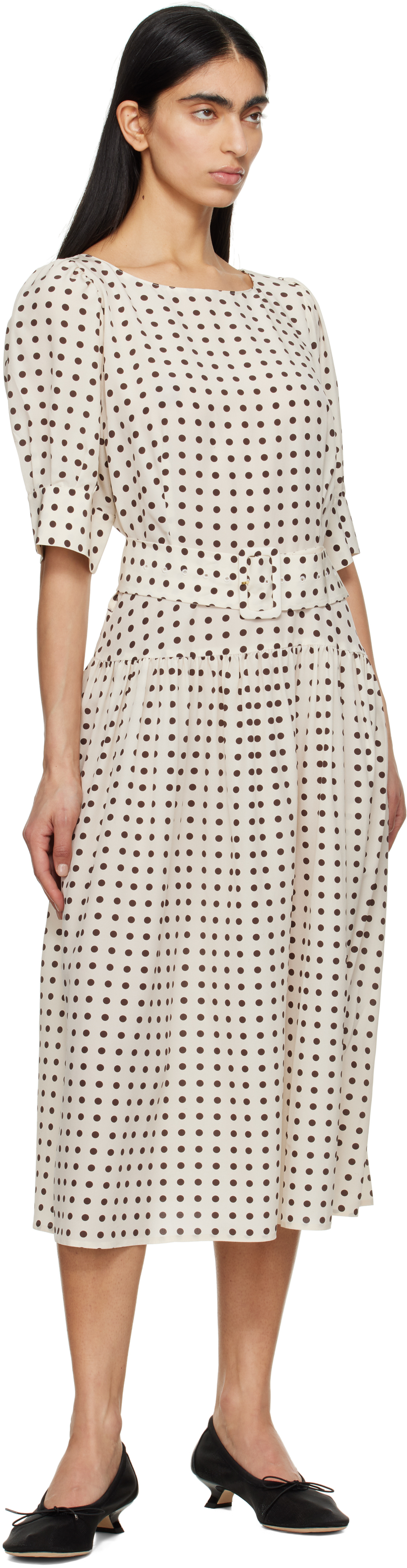 Caro Editions Off-white Bjorg Midi Dress In Cream W. Brown Dot